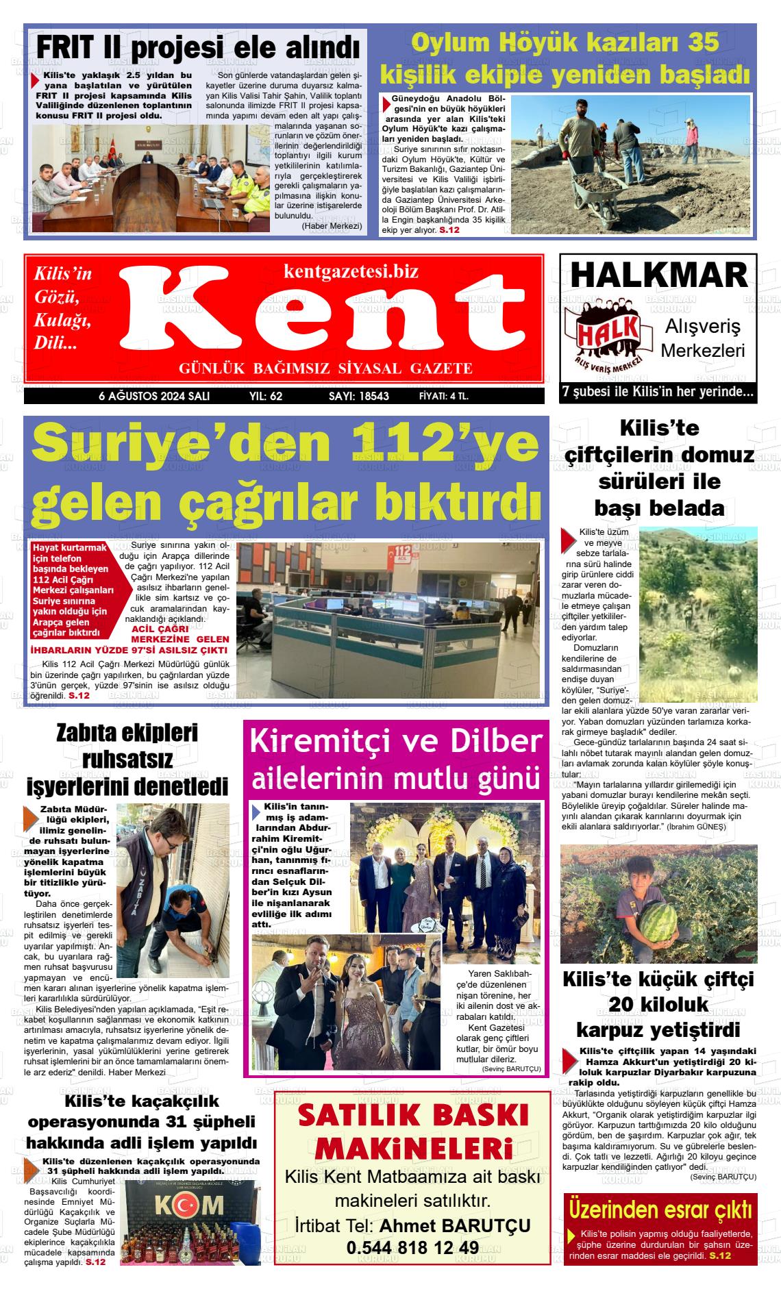 06 Ağustos 2024 Kilis Kent Gazete Manşeti