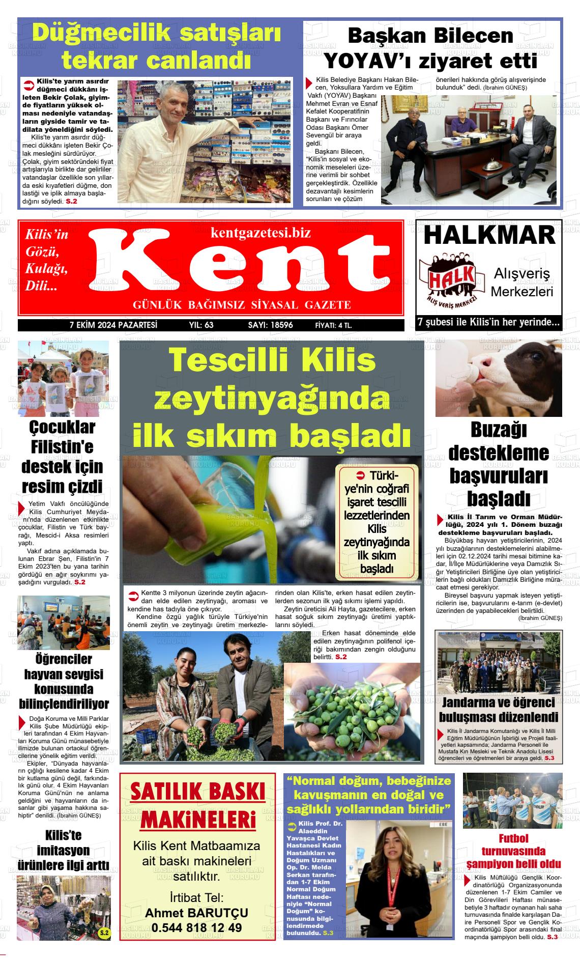 07 Ekim 2024 Kilis Kent Gazete Manşeti