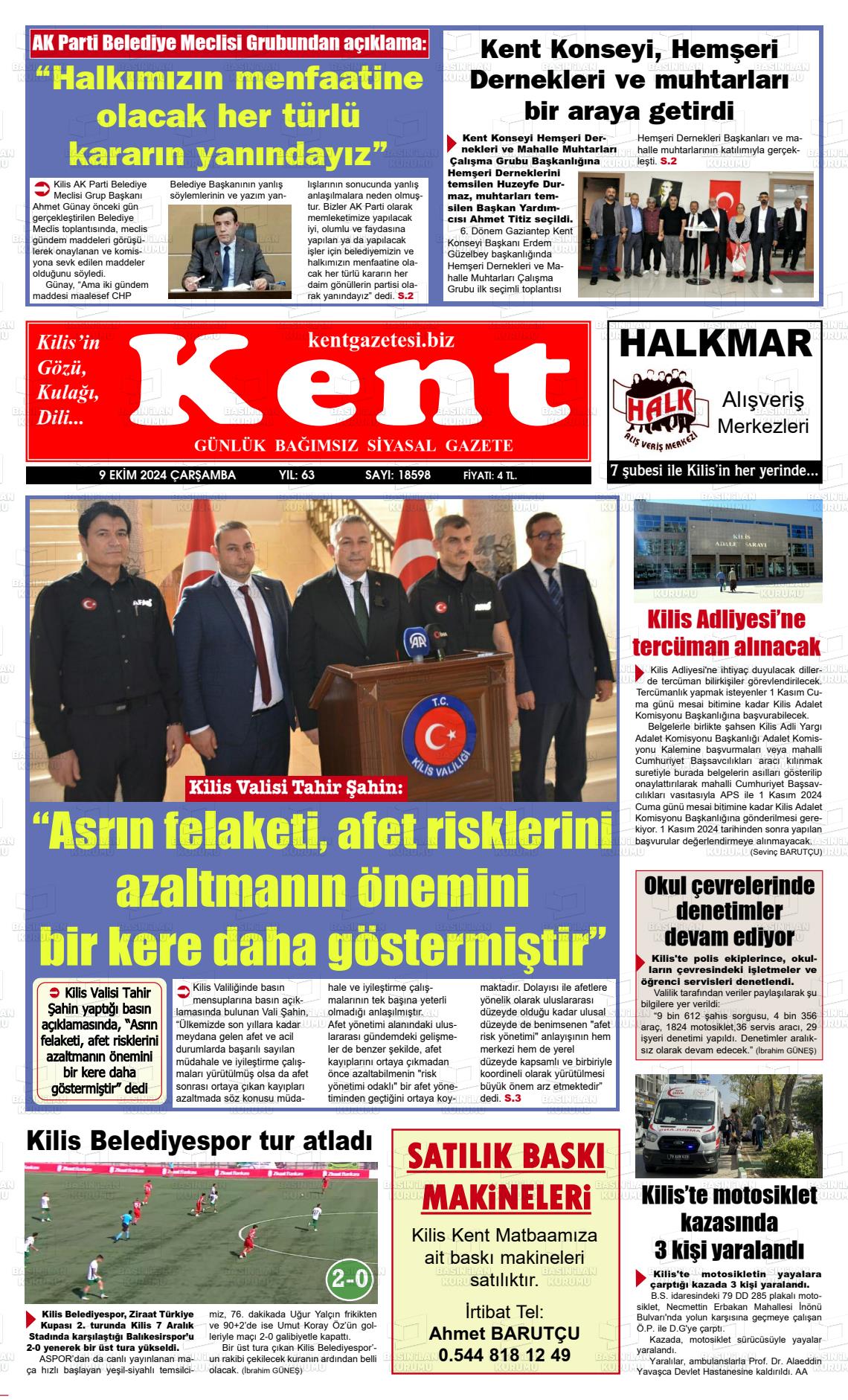 09 Ekim 2024 Kilis Kent Gazete Manşeti