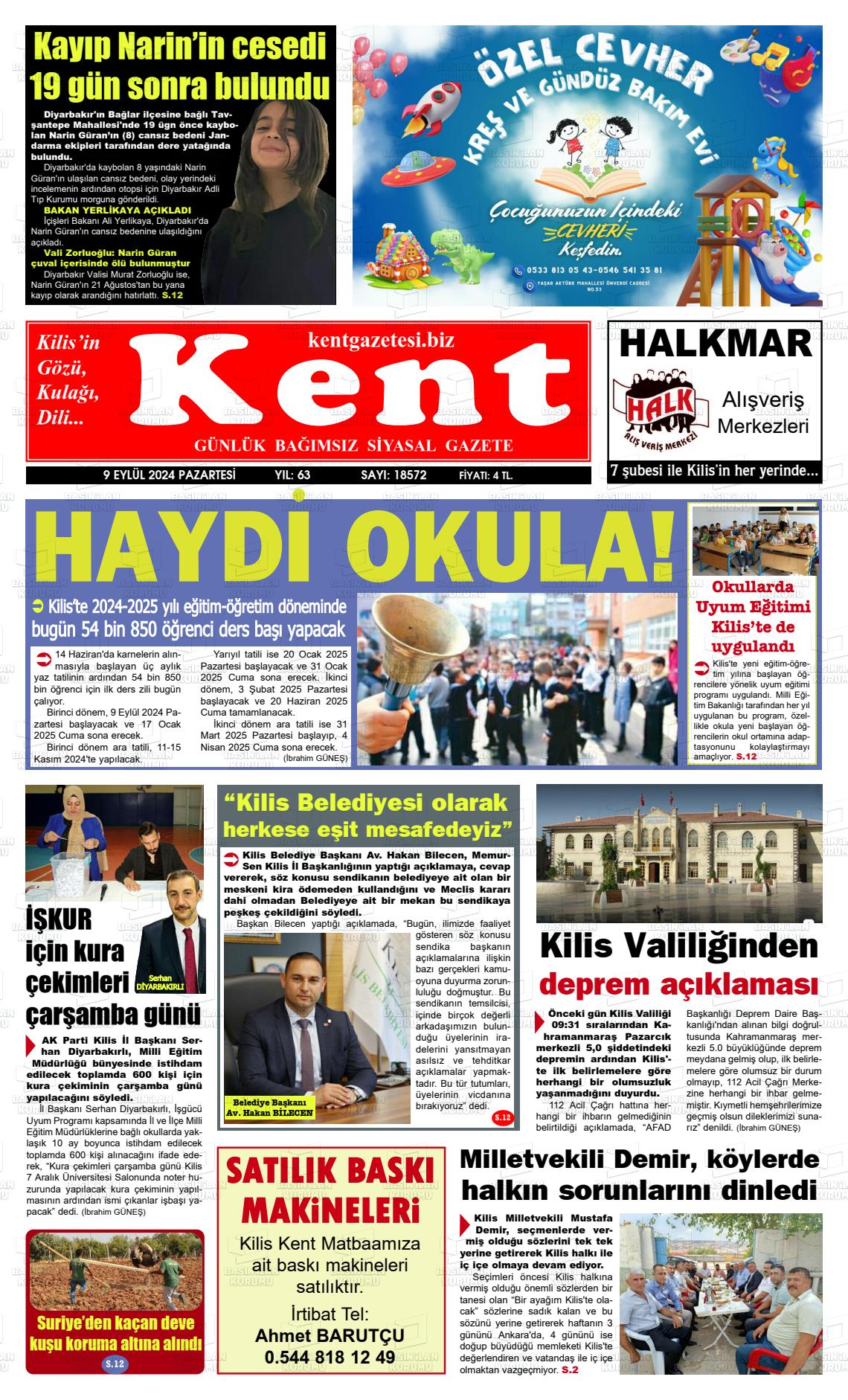 09 Eylül 2024 Kilis Kent Gazete Manşeti