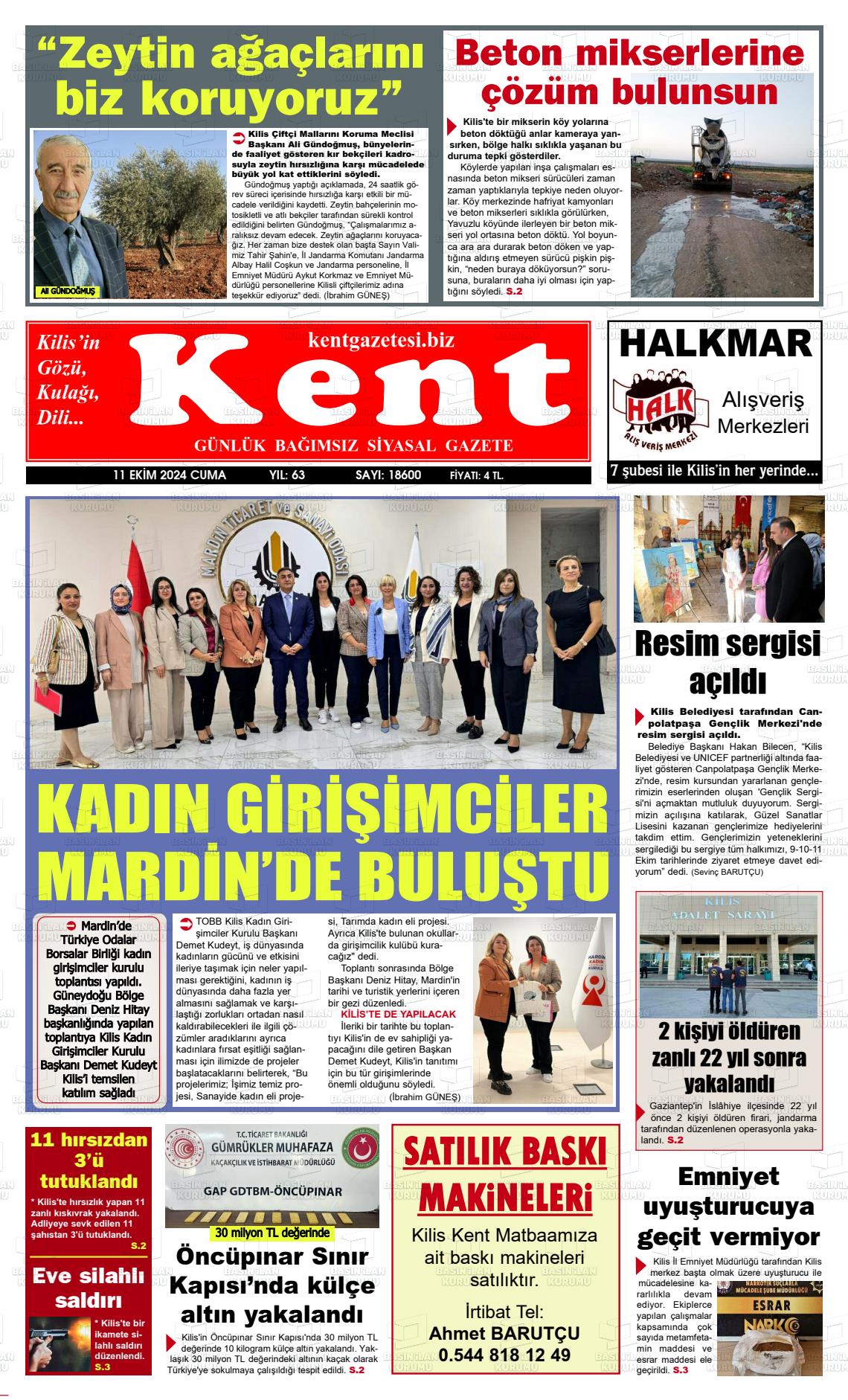 11 Ekim 2024 Kilis Kent Gazete Manşeti