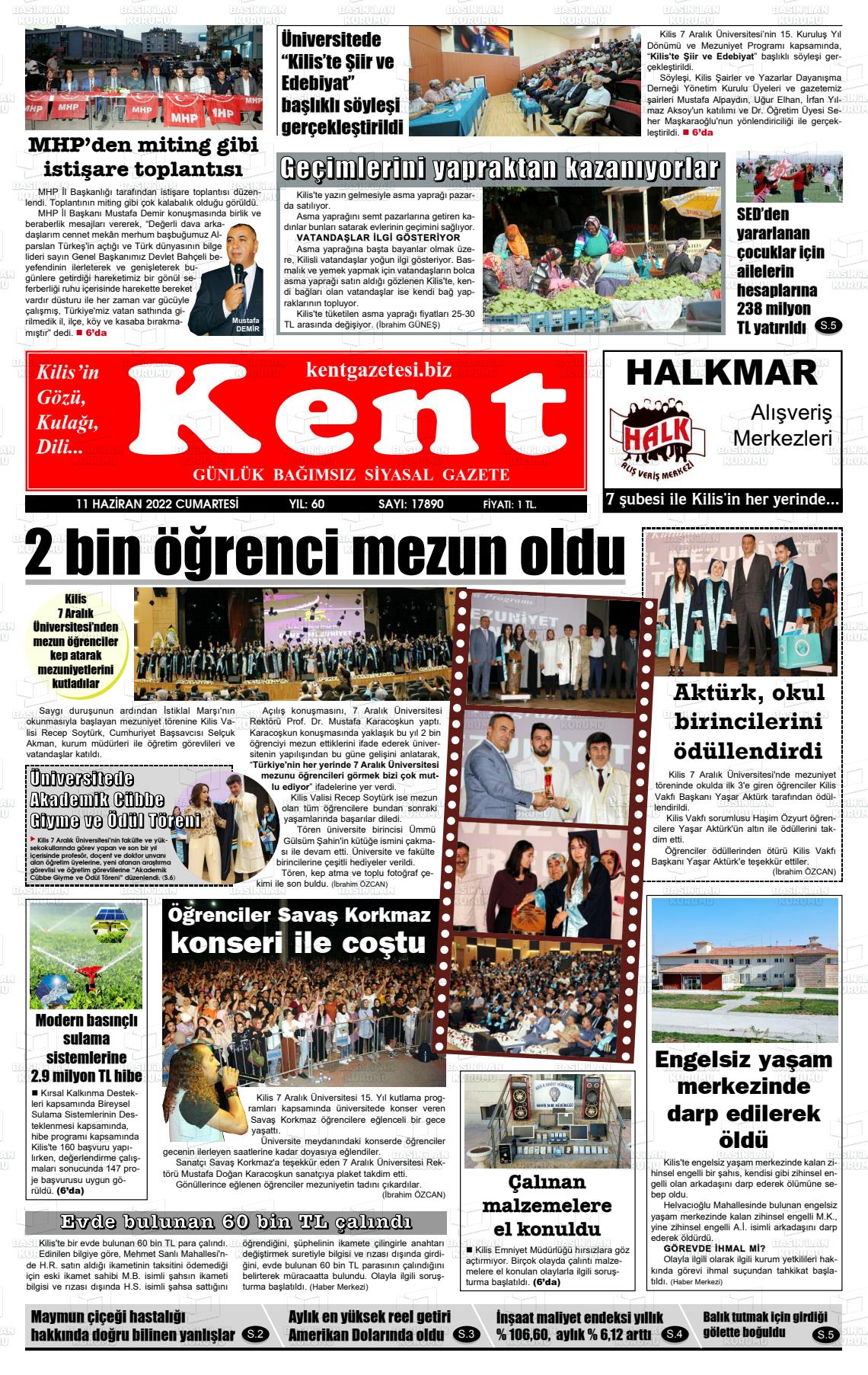 11 Haziran 2022 Kilis Kent Gazete Manşeti