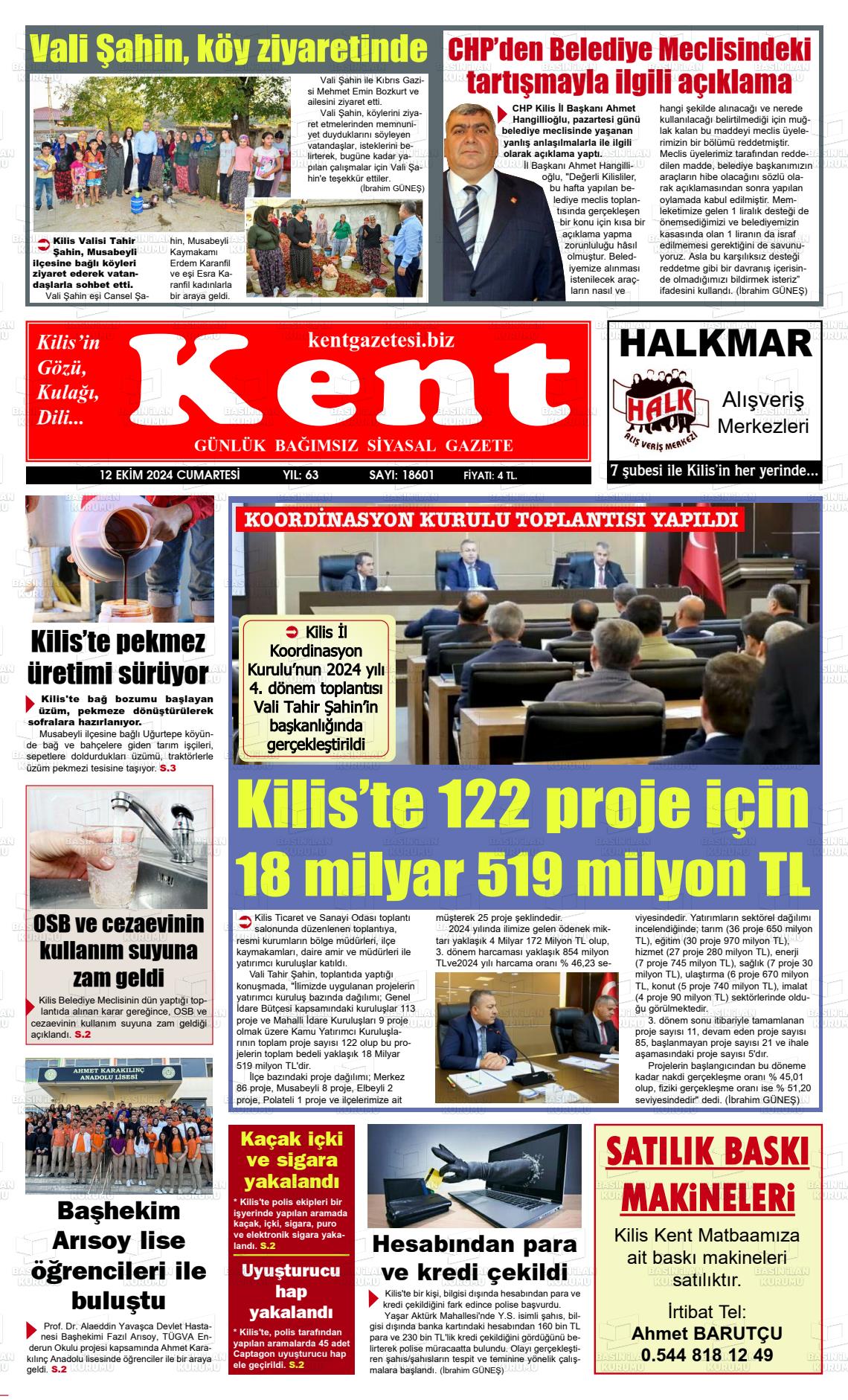 12 Ekim 2024 Kilis Kent Gazete Manşeti