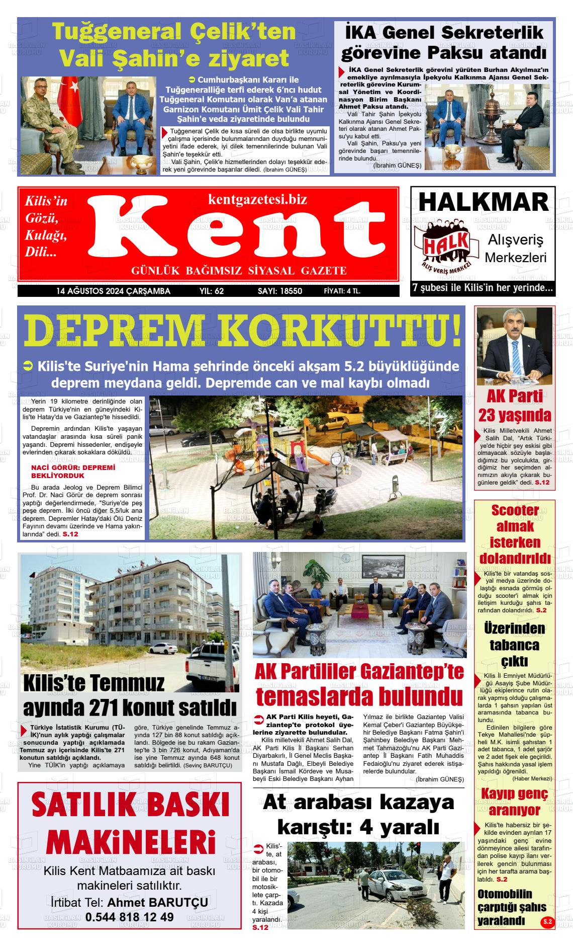 14 Ağustos 2024 Kilis Kent Gazete Manşeti