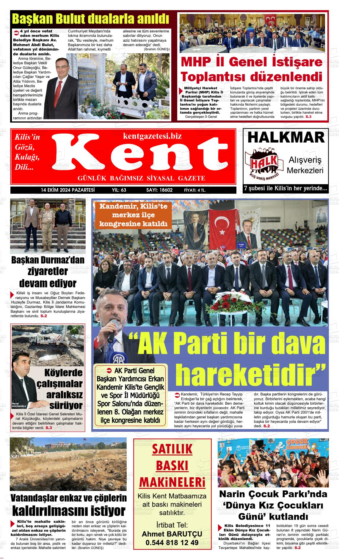 14 Ekim 2024 Kilis Kent Gazete Manşeti