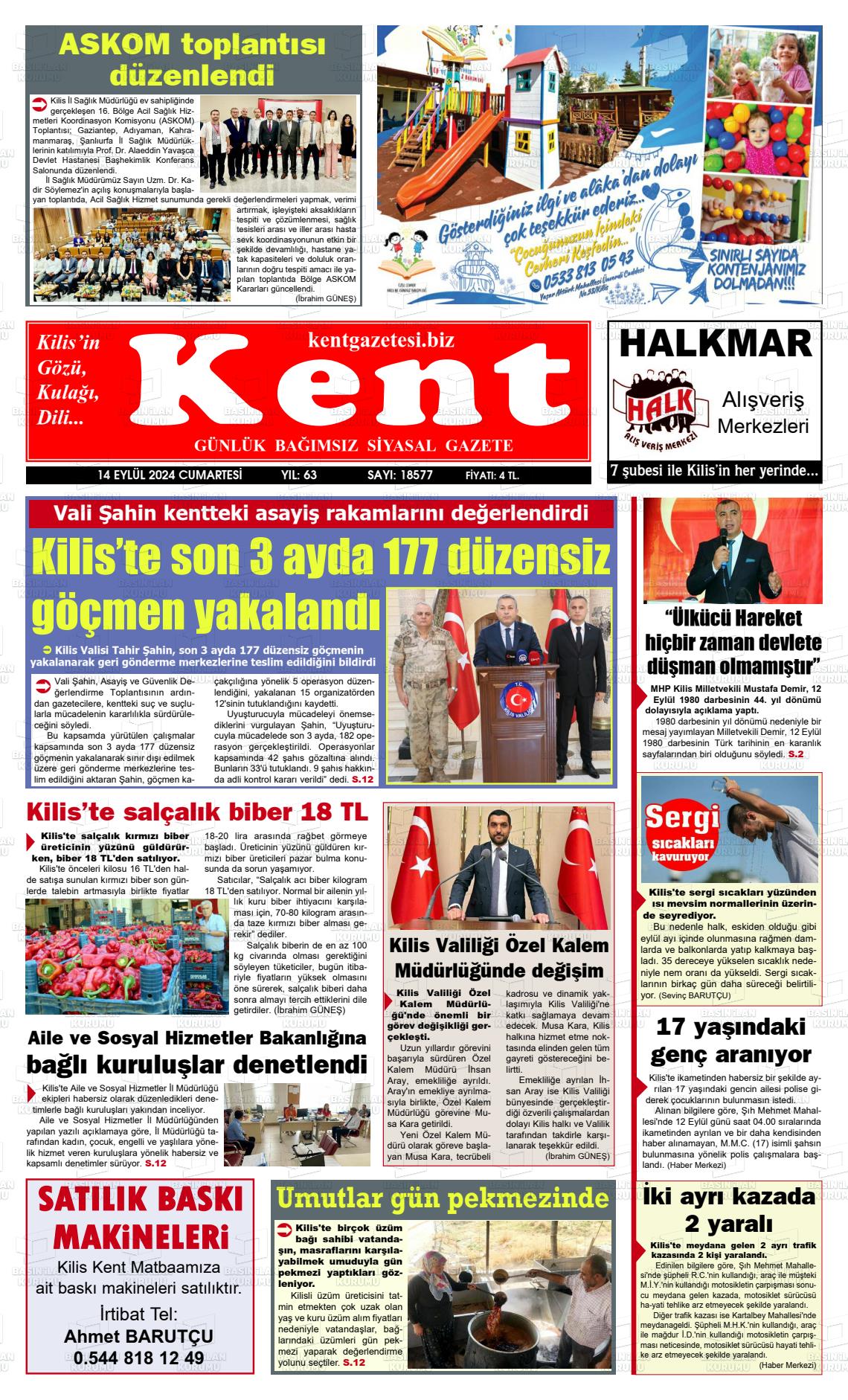 14 Eylül 2024 Kilis Kent Gazete Manşeti