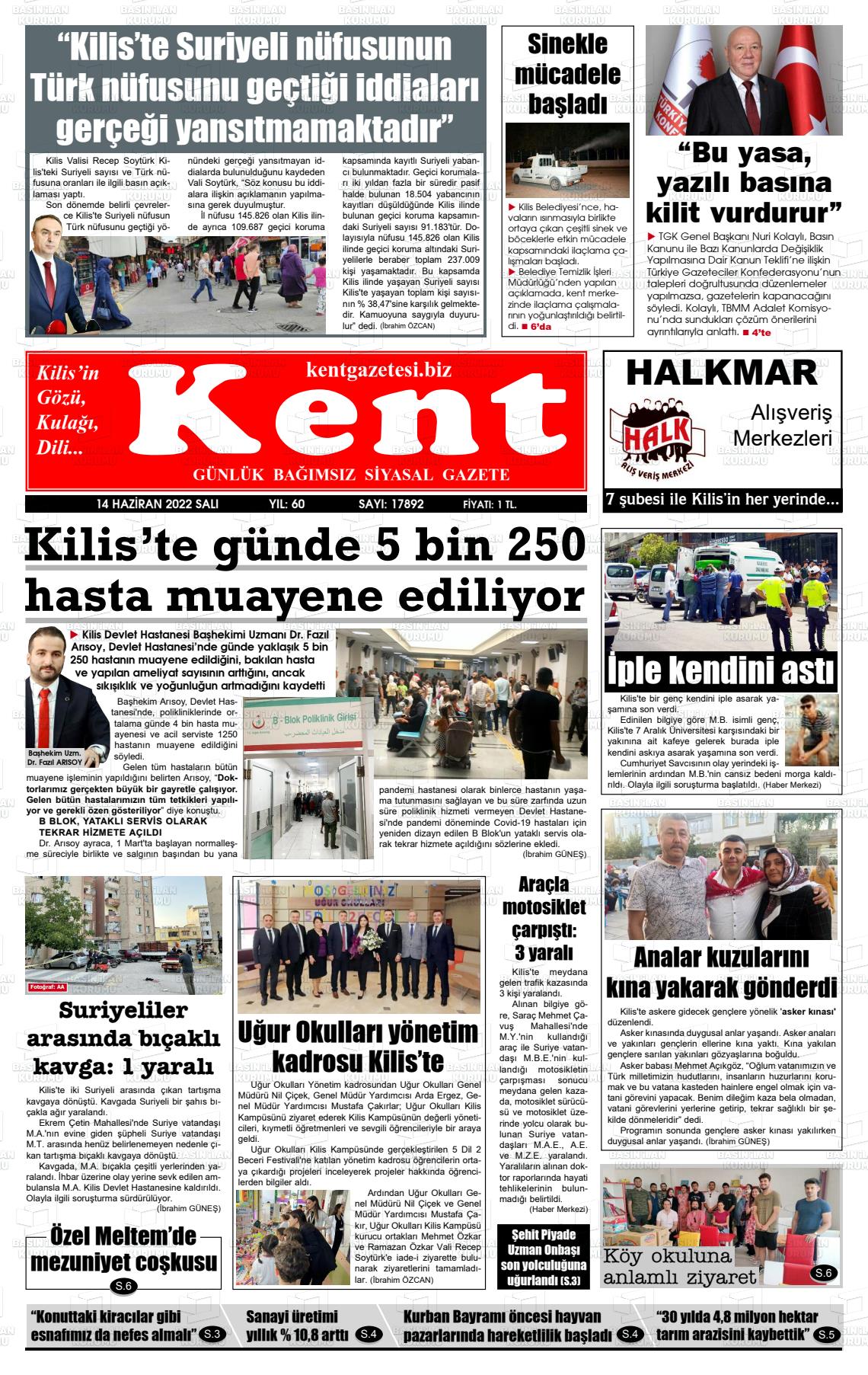 14 Haziran 2022 Kilis Kent Gazete Manşeti