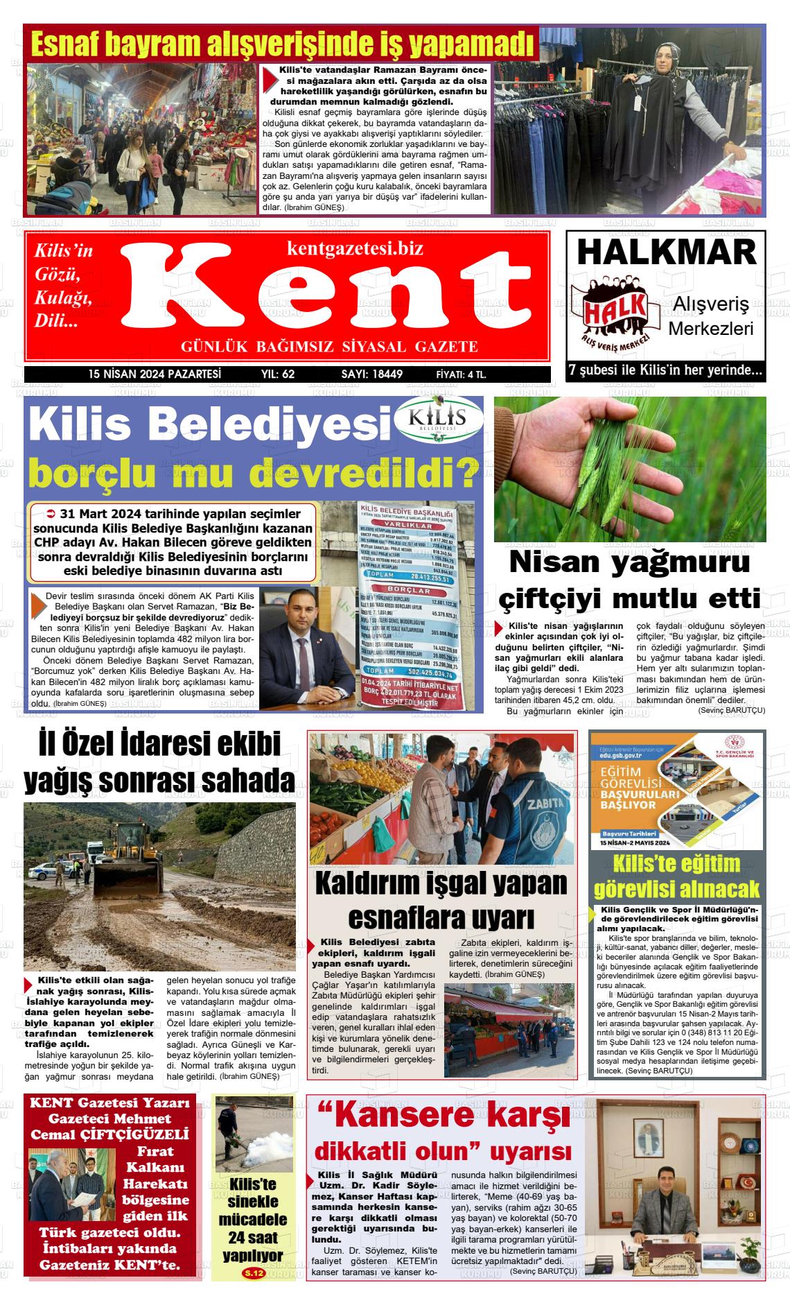 15 Nisan 2024 Kilis Kent Gazete Manşeti