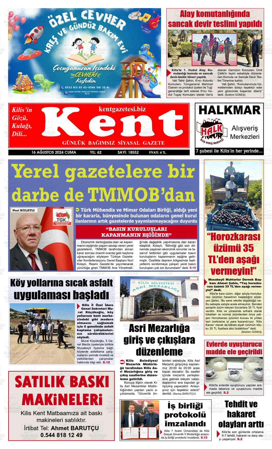 16 Ağustos 2024 Kilis Kent Gazete Manşeti