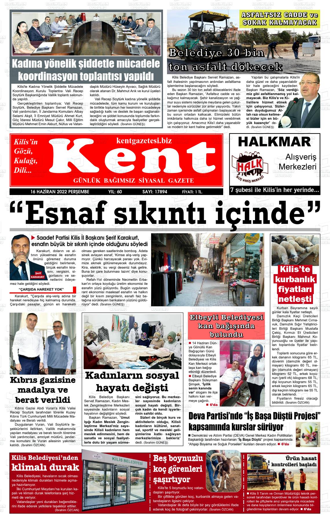 16 Haziran 2022 Kilis Kent Gazete Manşeti