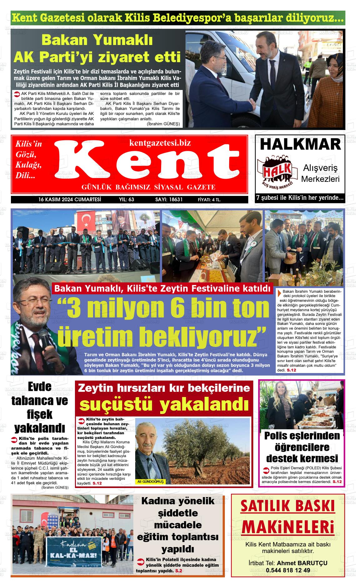 16 Kasım 2024 Kilis Kent Gazete Manşeti