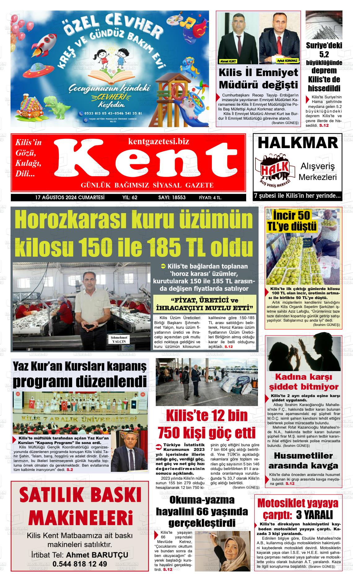 17 Ağustos 2024 Kilis Kent Gazete Manşeti