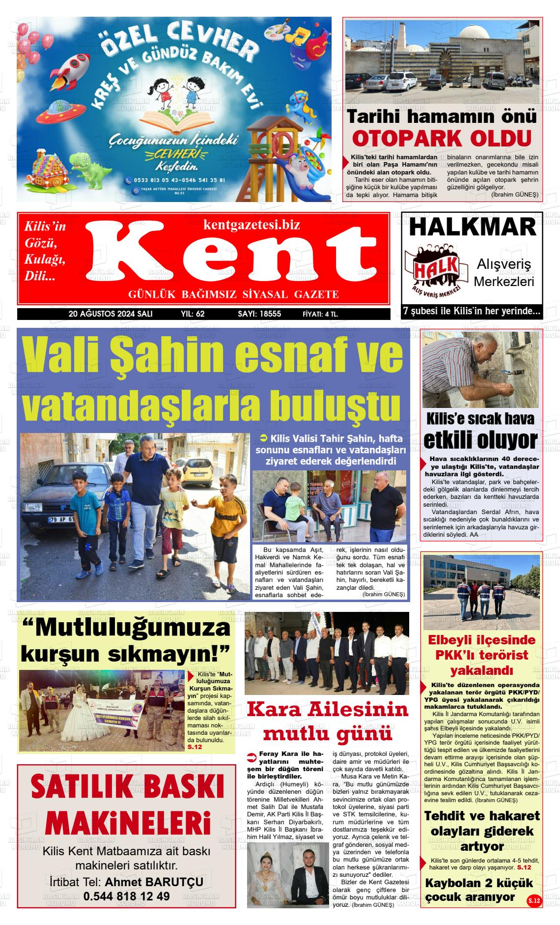 20 Ağustos 2024 Kilis Kent Gazete Manşeti