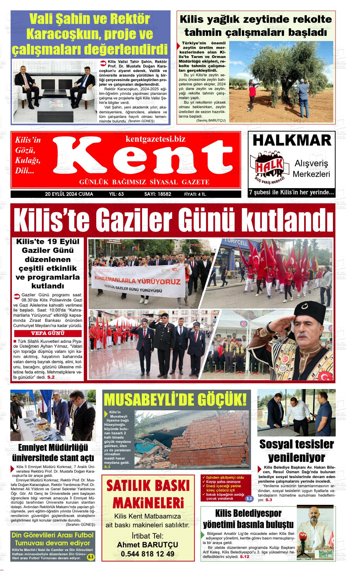 20 Eylül 2024 Kilis Kent Gazete Manşeti