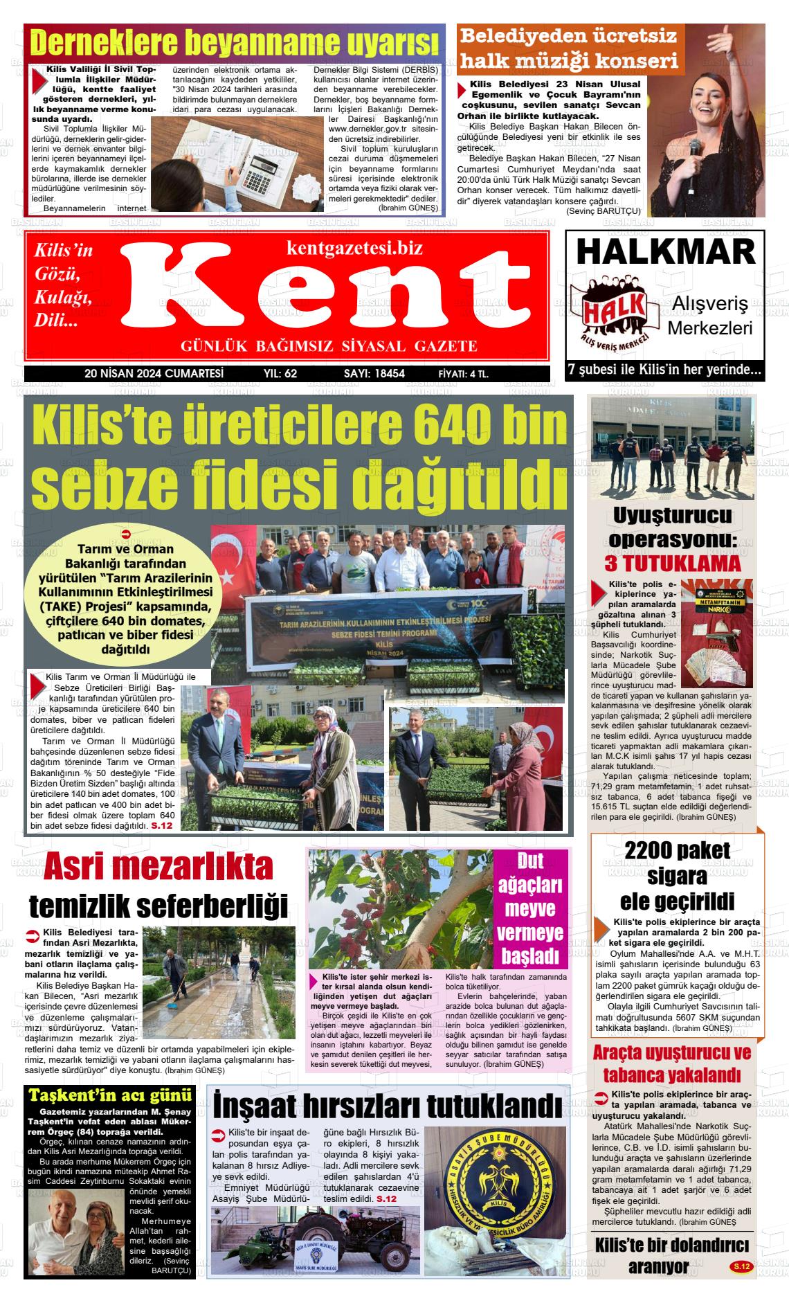 20 Nisan 2024 Kilis Kent Gazete Manşeti