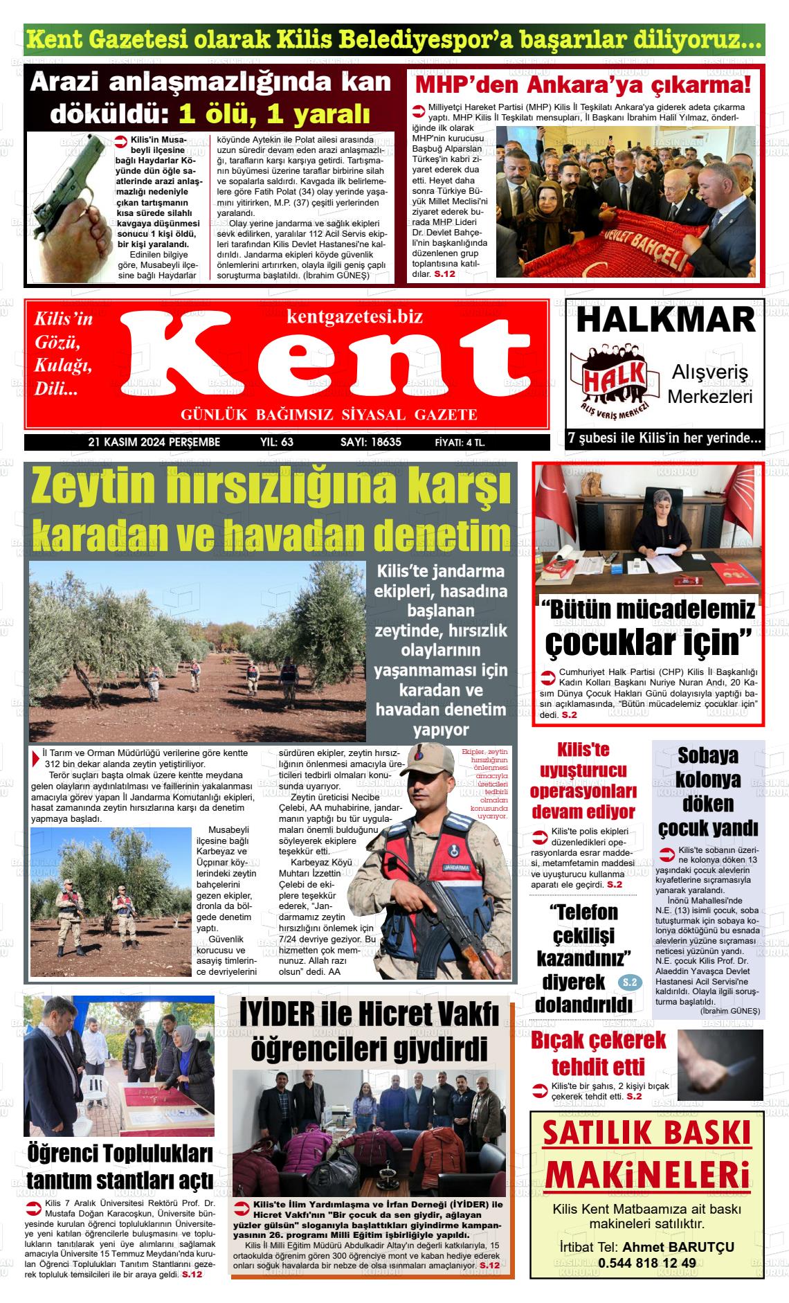 21 Kasım 2024 Kilis Kent Gazete Manşeti