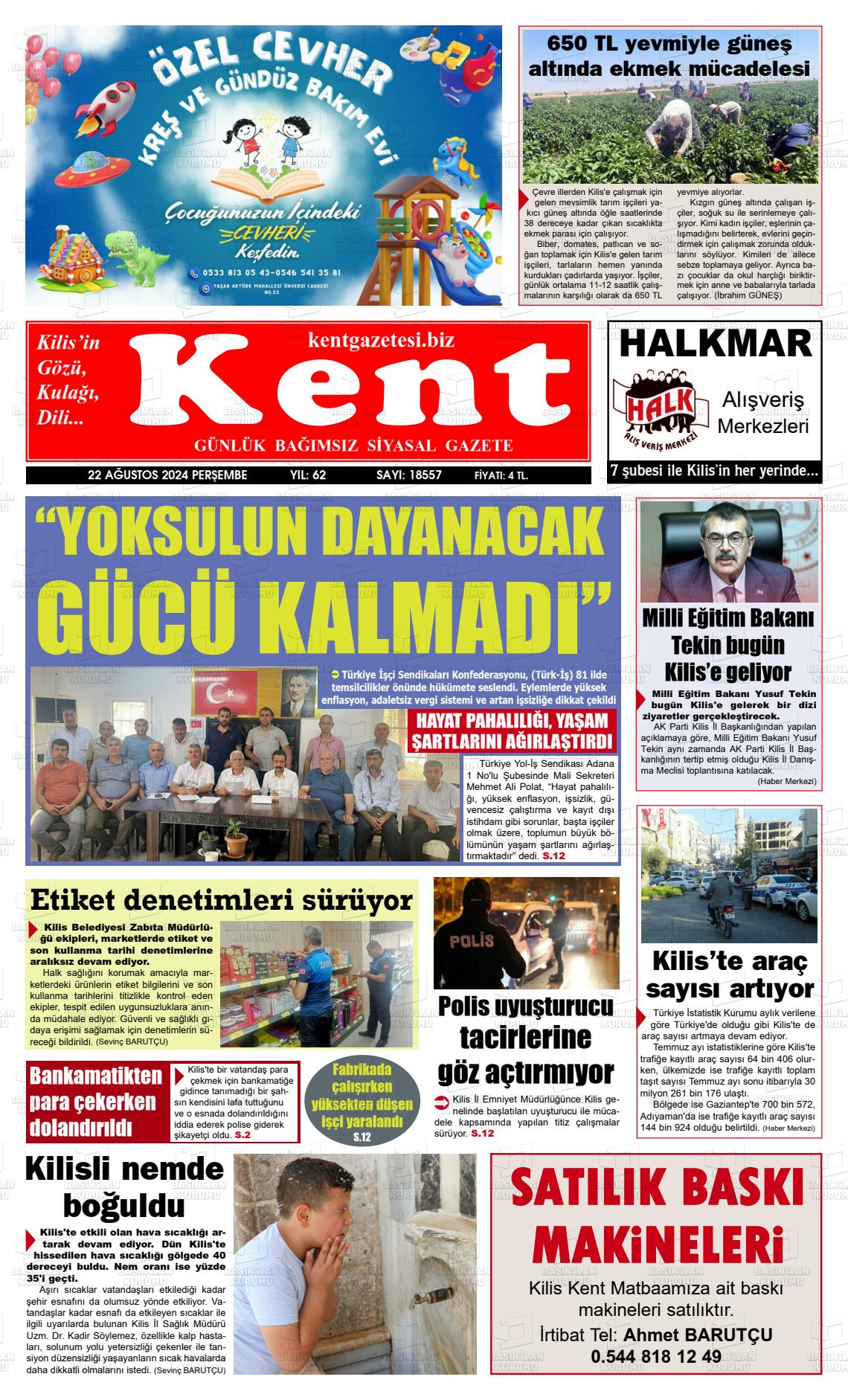 22 Ağustos 2024 Kilis Kent Gazete Manşeti