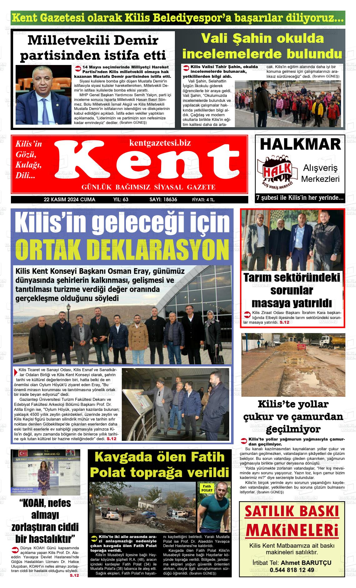 22 Kasım 2024 Kilis Kent Gazete Manşeti