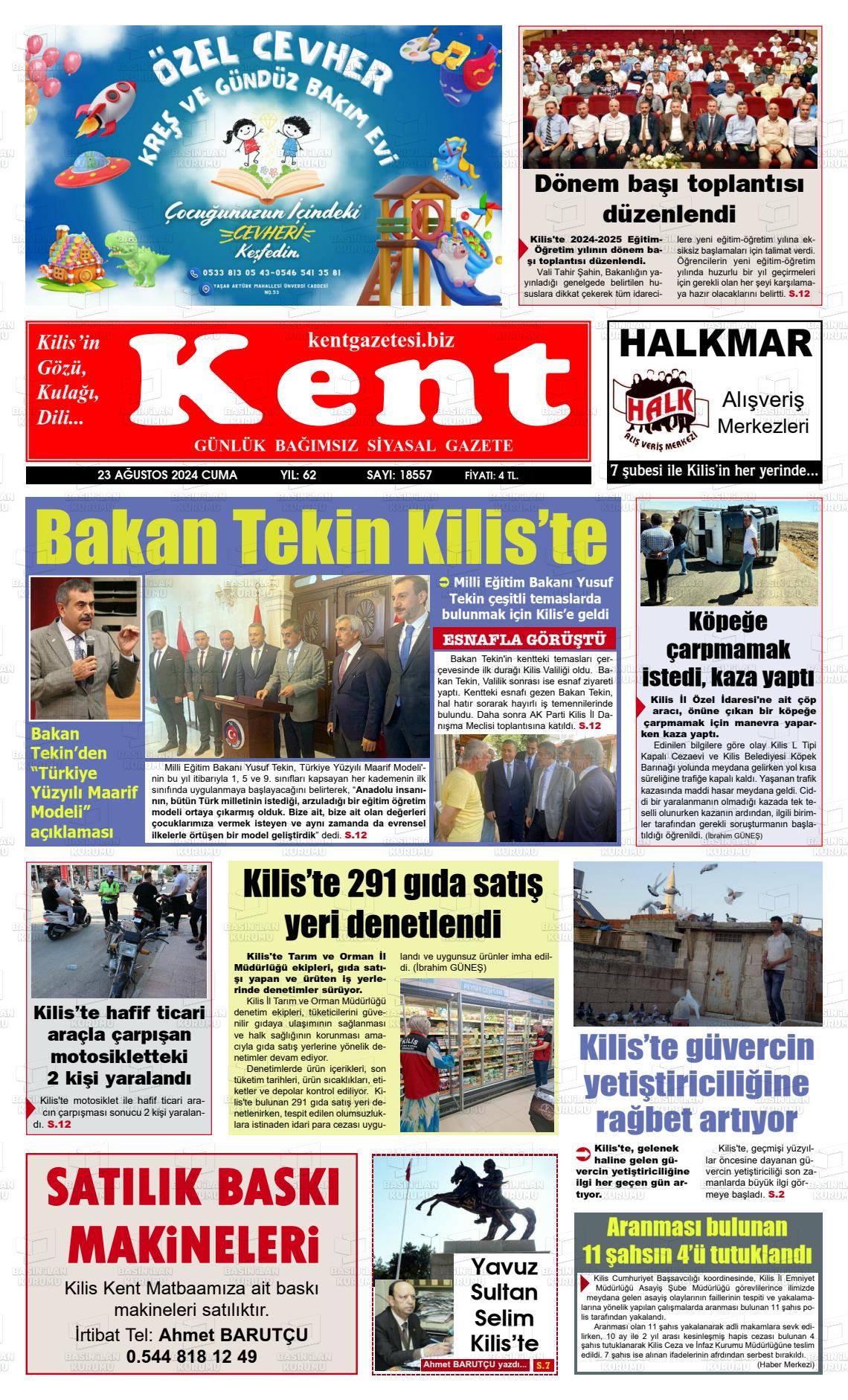 23 Ağustos 2024 Kilis Kent Gazete Manşeti