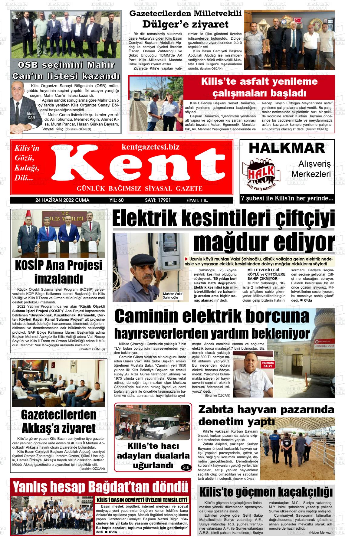 24 Haziran 2022 Kilis Kent Gazete Manşeti