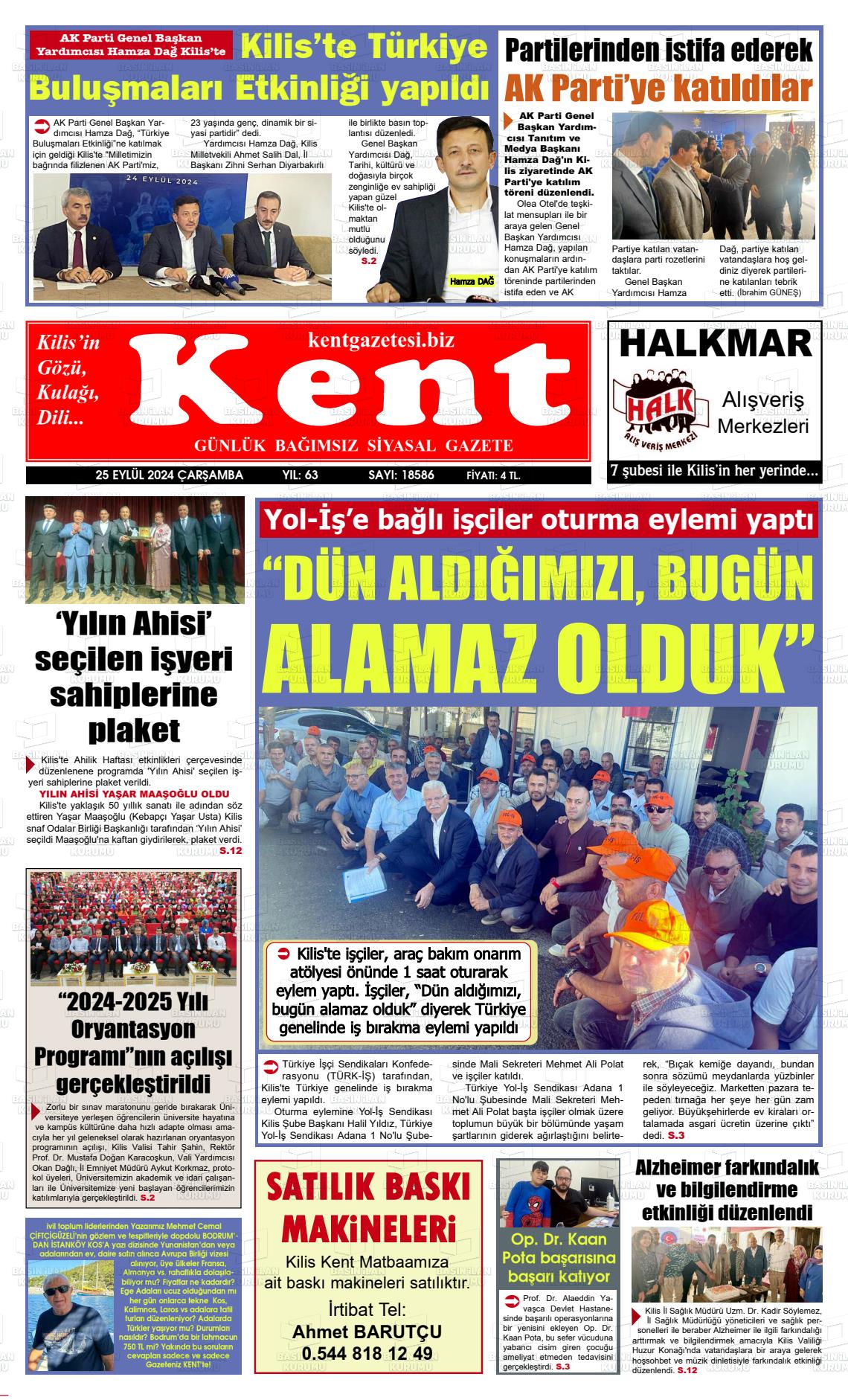 25 Eylül 2024 Kilis Kent Gazete Manşeti