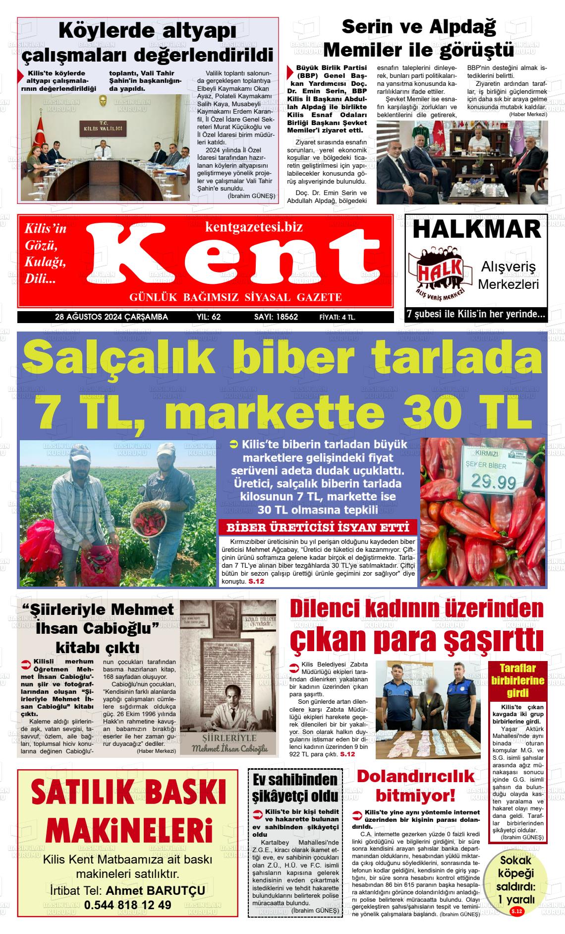 28 Ağustos 2024 Kilis Kent Gazete Manşeti