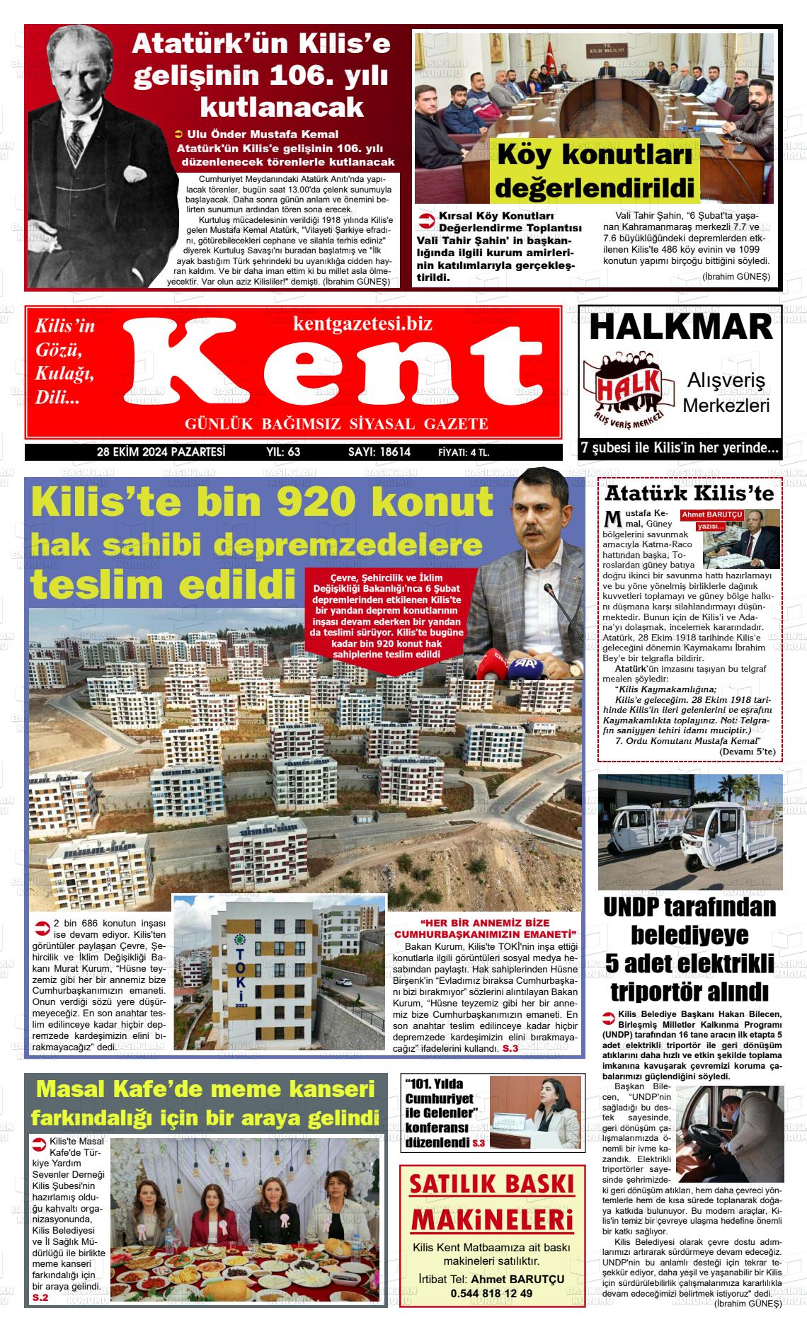 28 Ekim 2024 Kilis Kent Gazete Manşeti