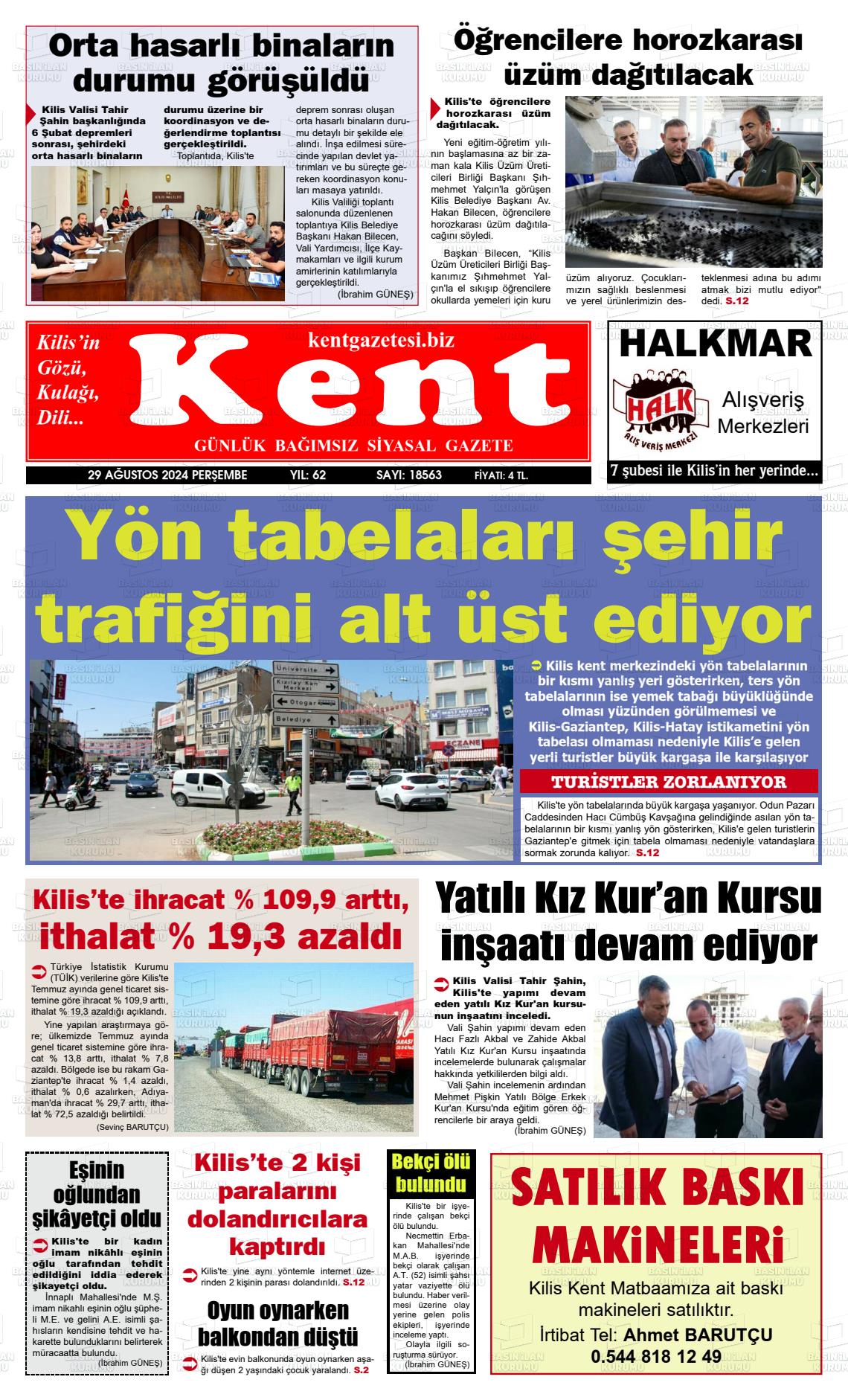 29 Ağustos 2024 Kilis Kent Gazete Manşeti