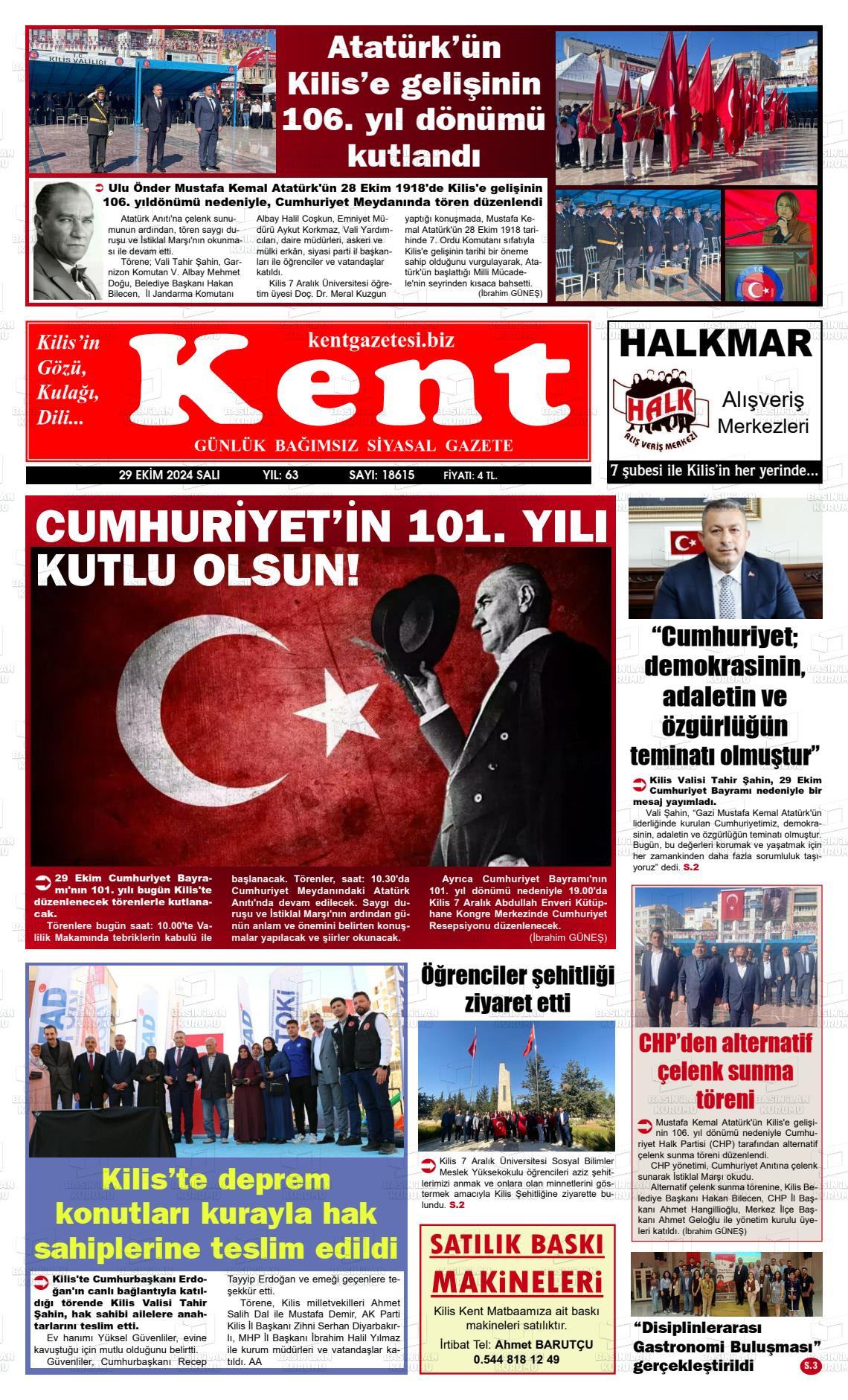 29 Ekim 2024 Kilis Kent Gazete Manşeti