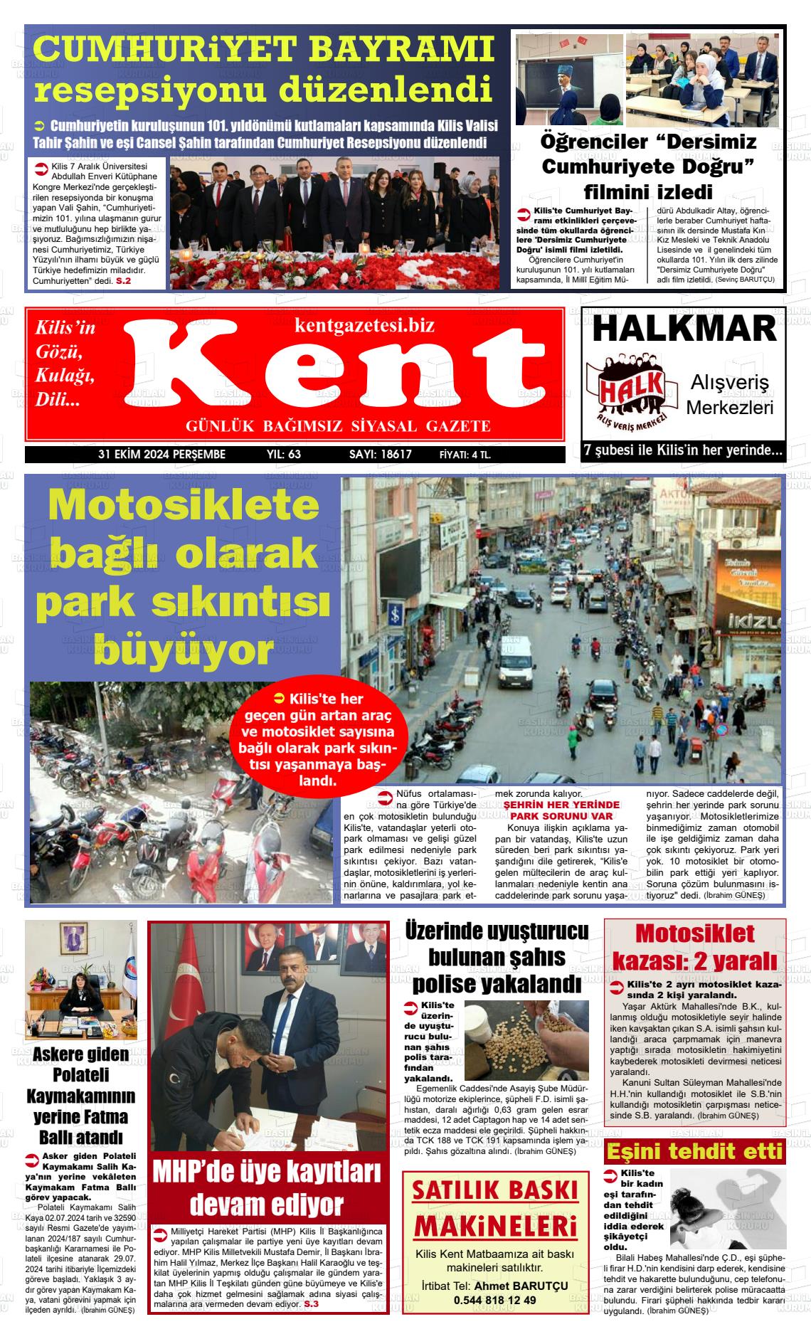 31 Ekim 2024 Kilis Kent Gazete Manşeti