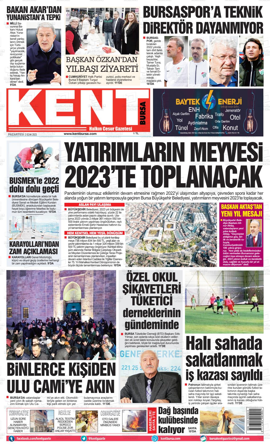 02 Ocak 2023 Kent Gazete Manşeti