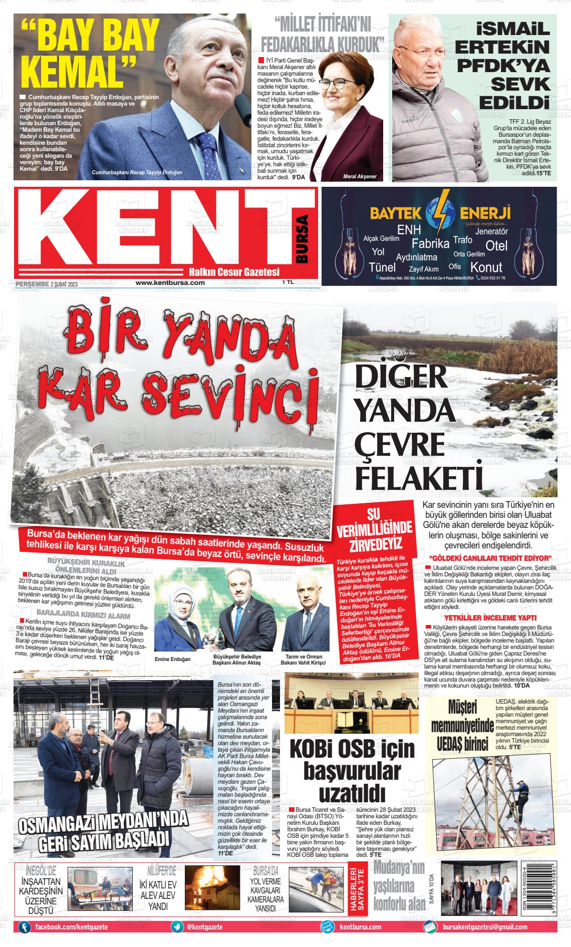 02 Şubat 2023 Kent Gazete Manşeti