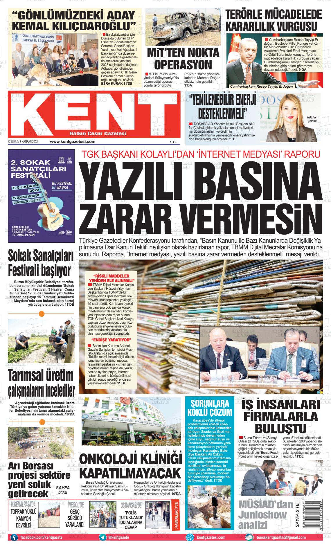 03 Haziran 2022 Kent Gazete Manşeti