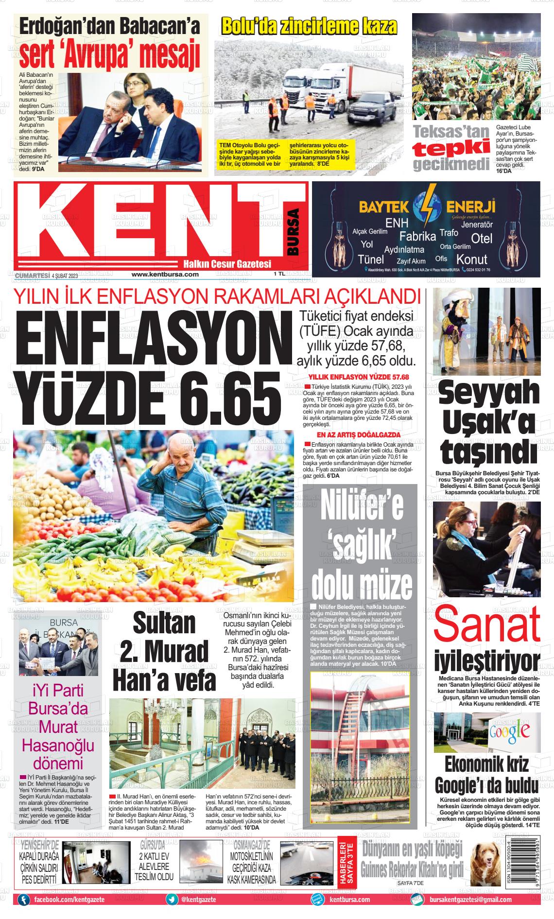 04 Şubat 2023 Kent Gazete Manşeti