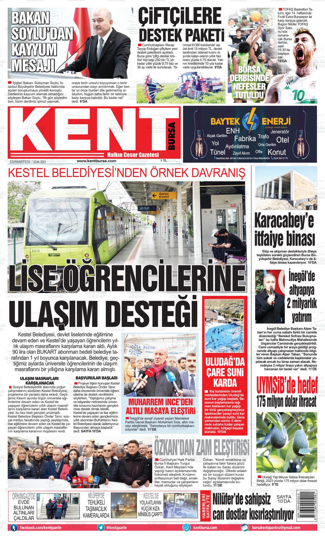 07 Ocak 2023 Kent Gazete Manşeti