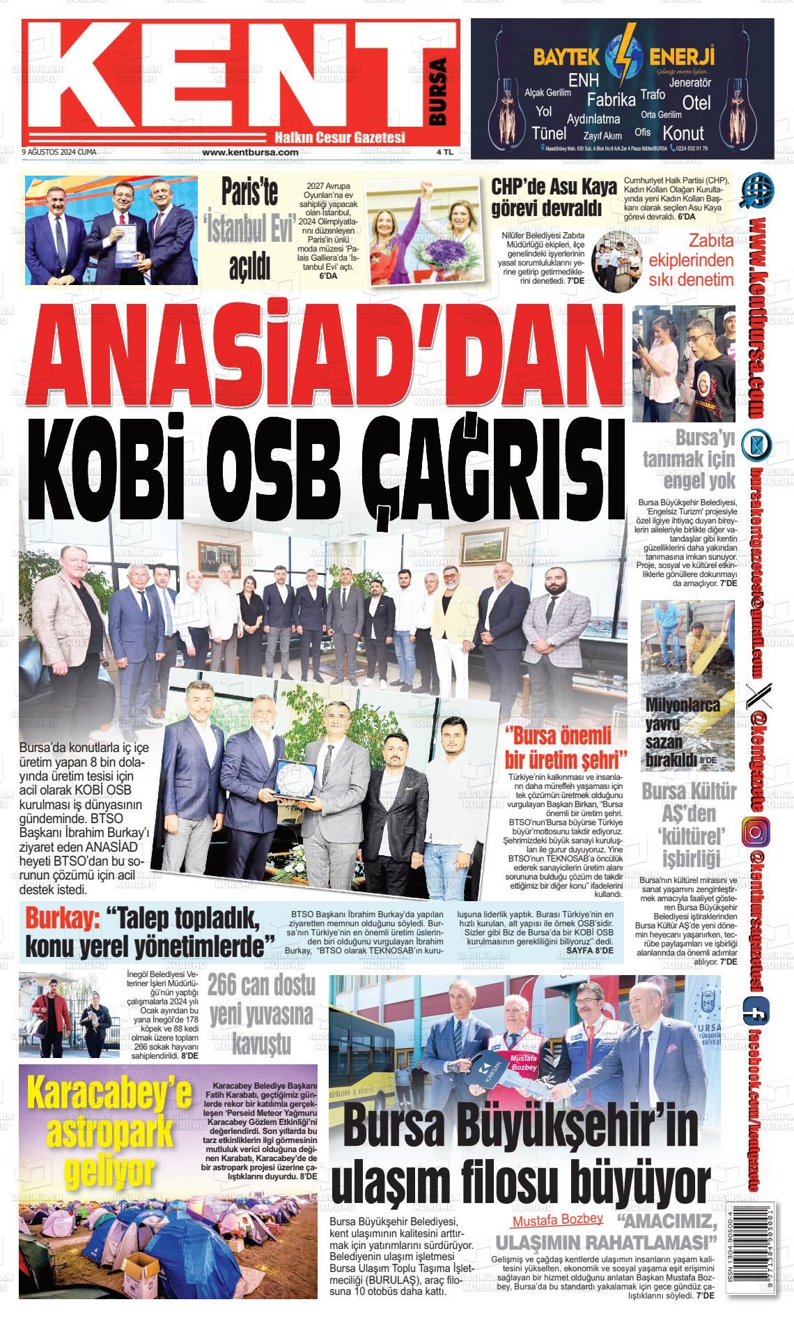 09 Ağustos 2024 Kent Gazete Manşeti