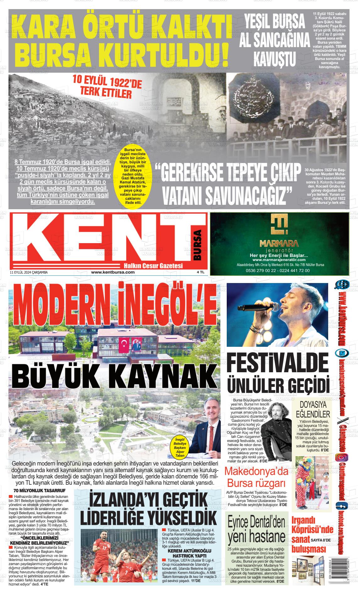 11 Eylül 2024 Kent Gazete Manşeti