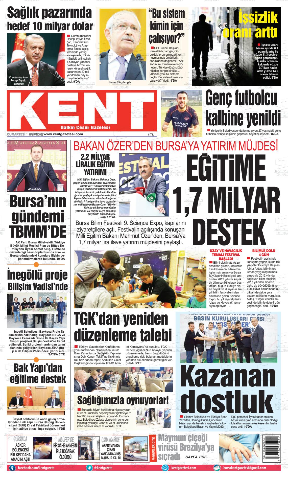 11 Haziran 2022 Kent Gazete Manşeti