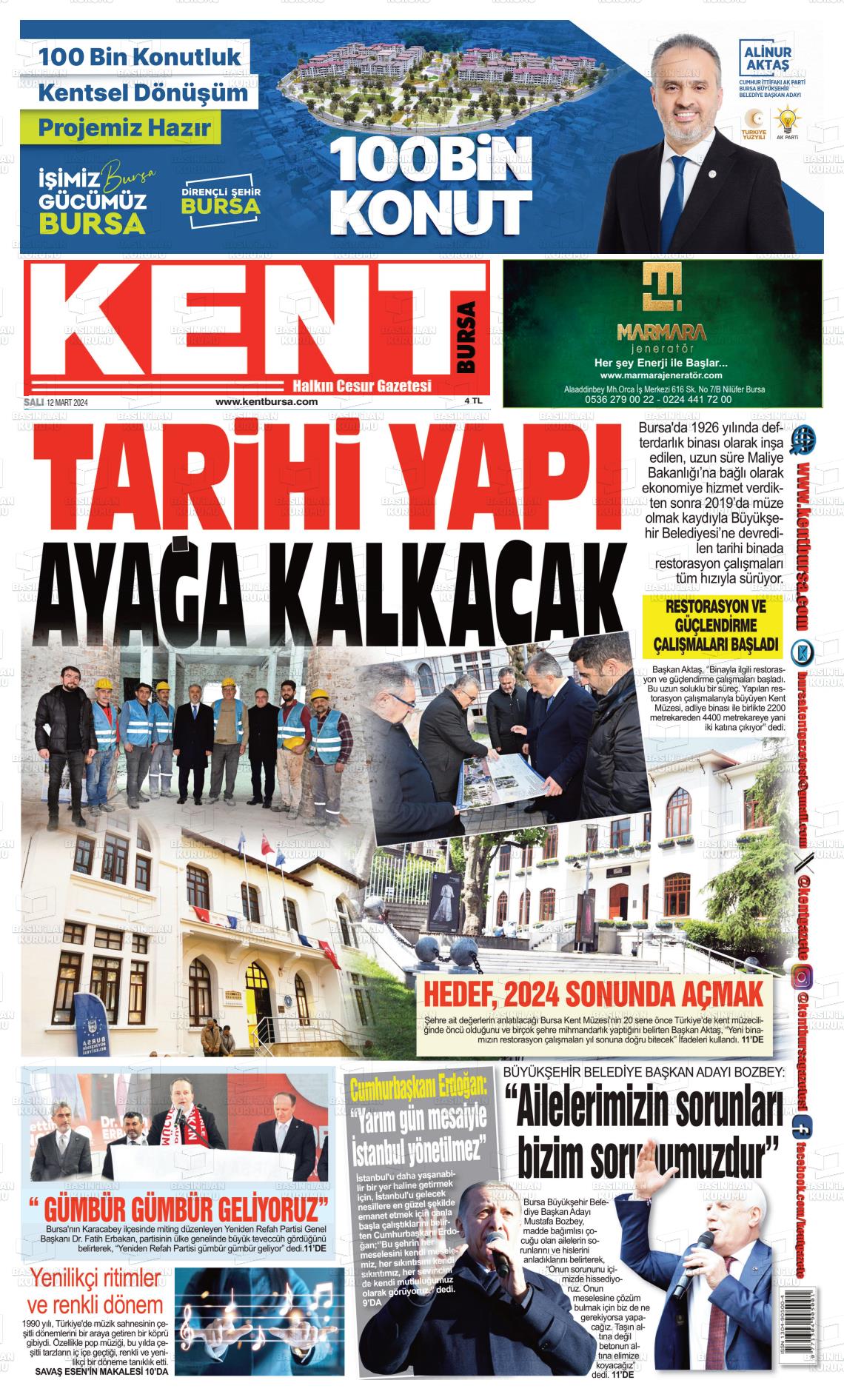 12 Mart 2024 Kent Gazete Manşeti