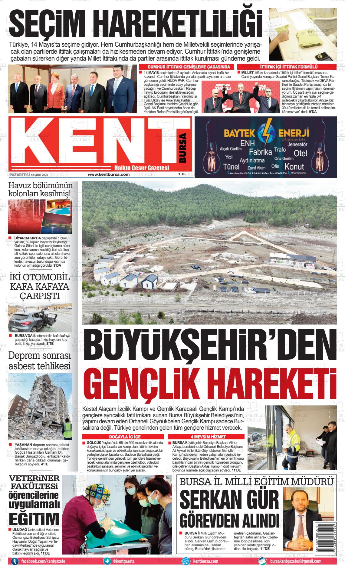 13 Mart 2023 Kent Gazete Manşeti