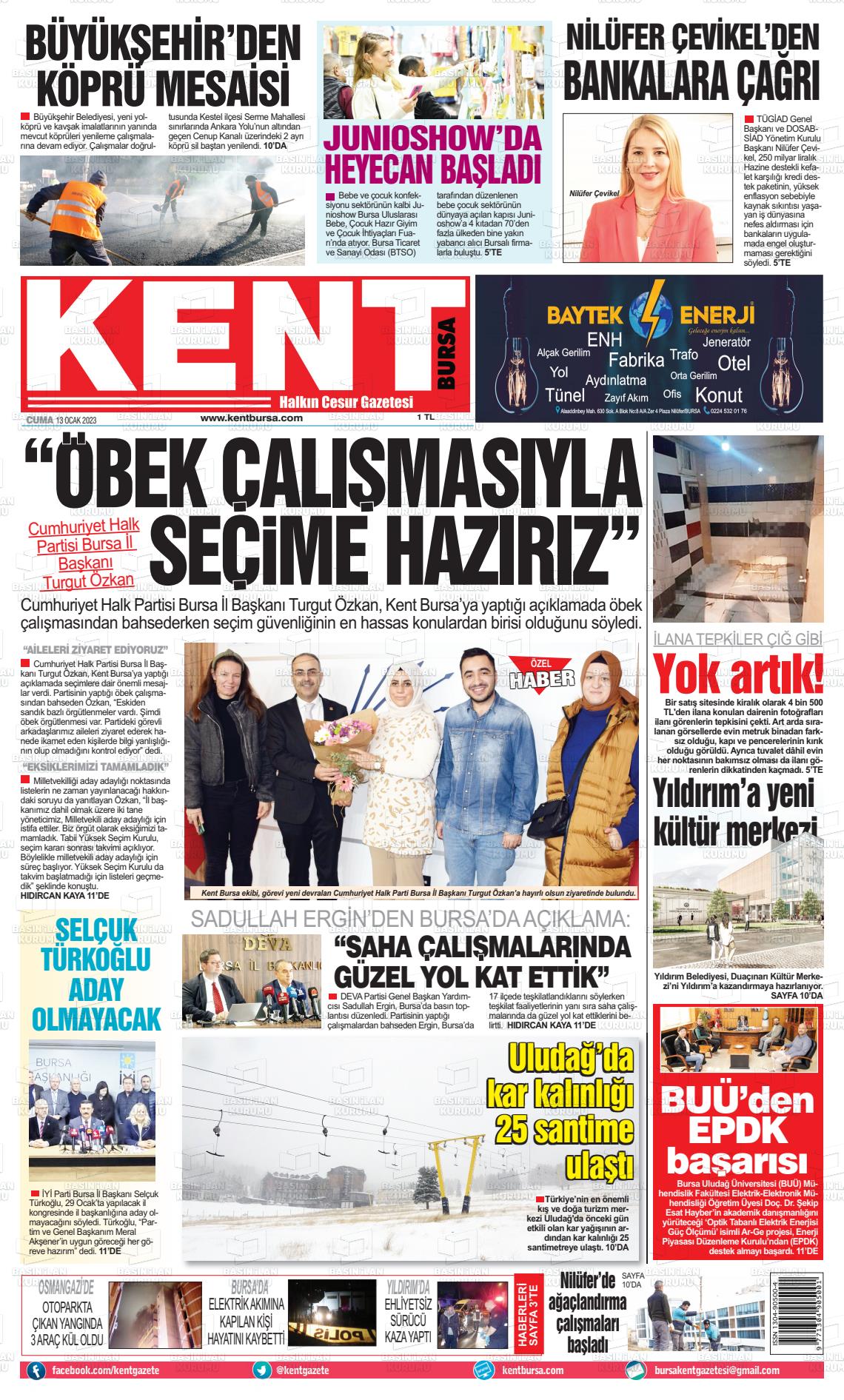 13 Ocak 2023 Kent Gazete Manşeti