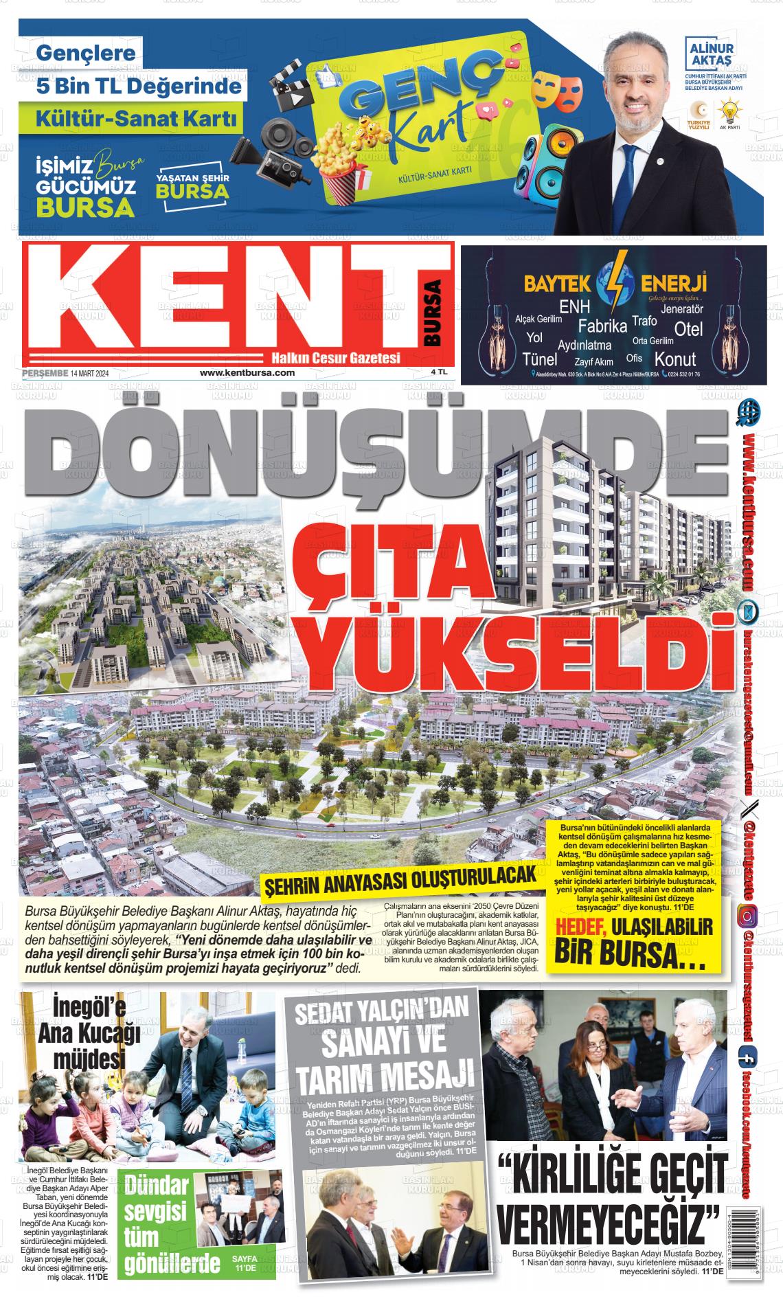 14 Mart 2024 Kent Gazete Manşeti