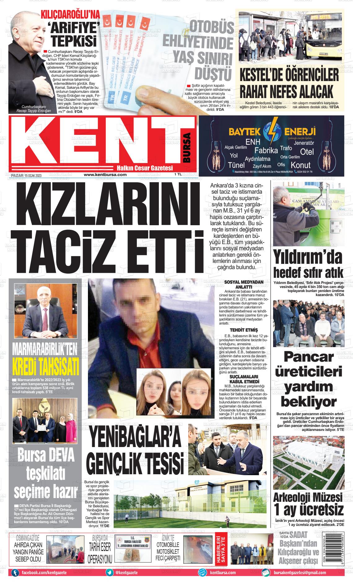 15 Ocak 2023 Kent Gazete Manşeti