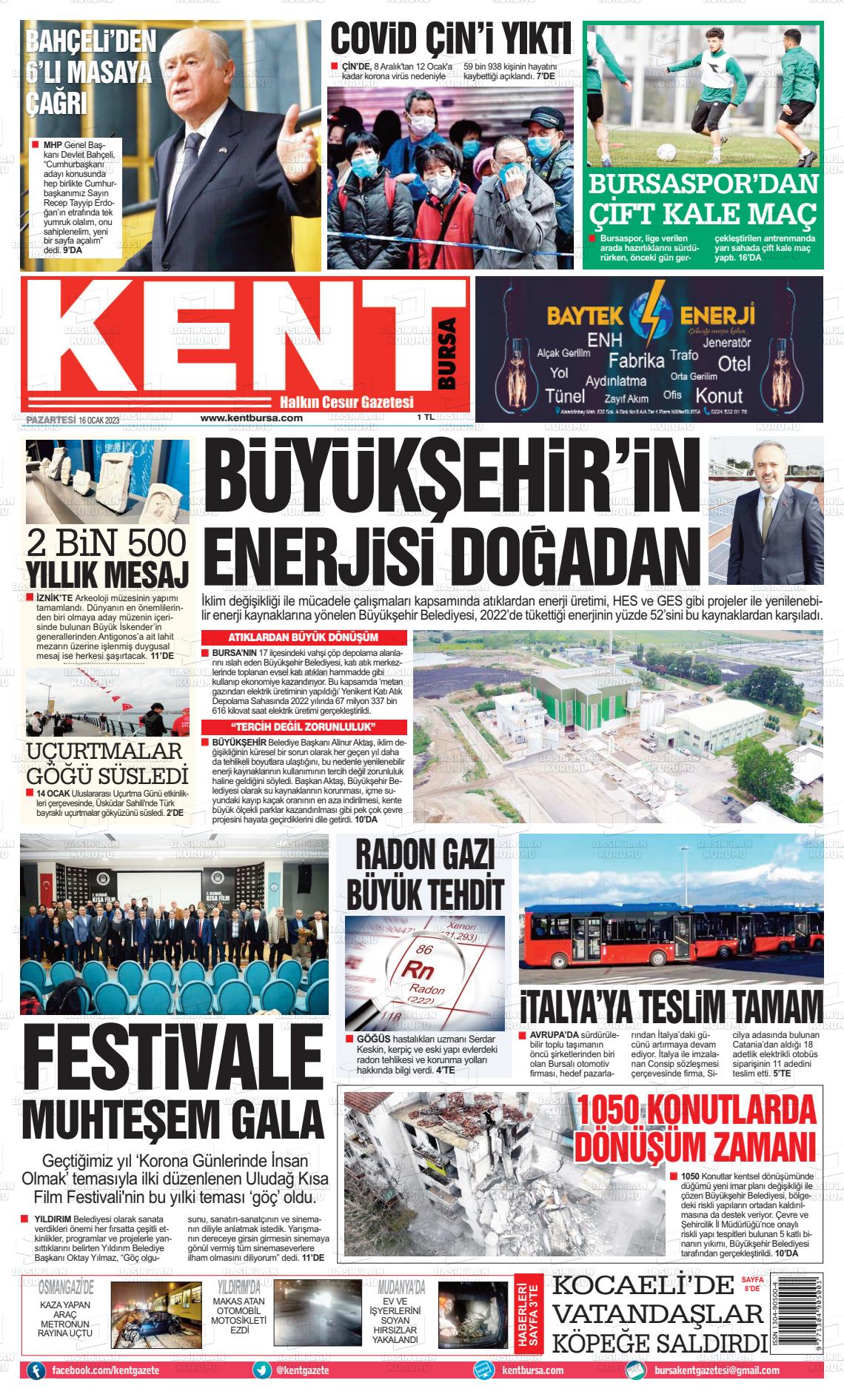 16 Ocak 2023 Kent Gazete Manşeti