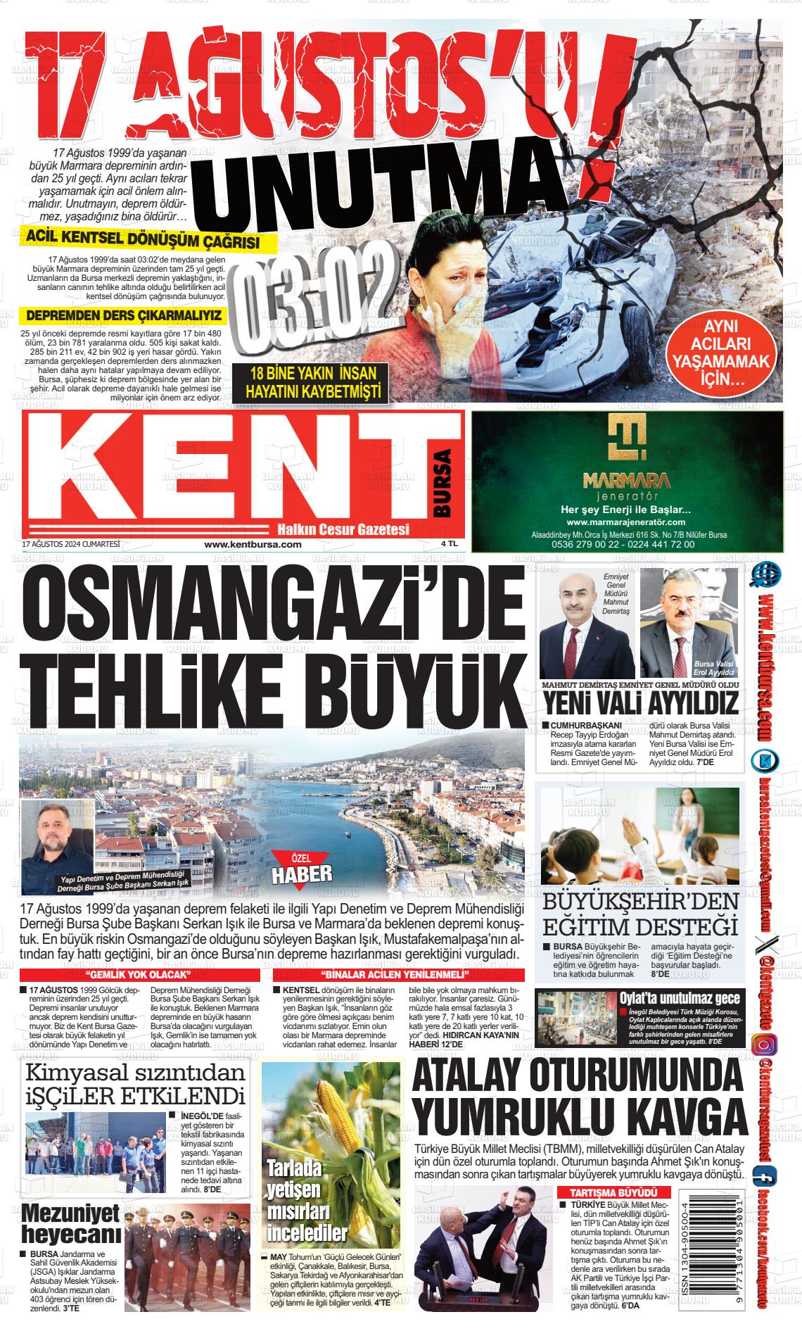 17 Ağustos 2024 Kent Gazete Manşeti