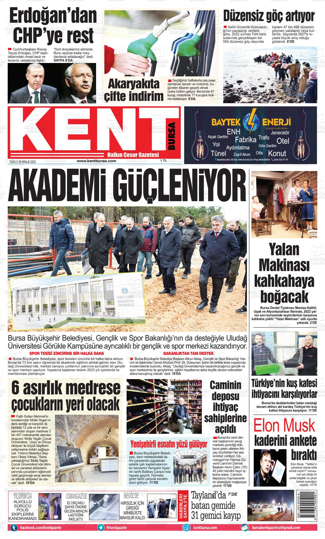 20 Aralık 2022 Kent Gazete Manşeti