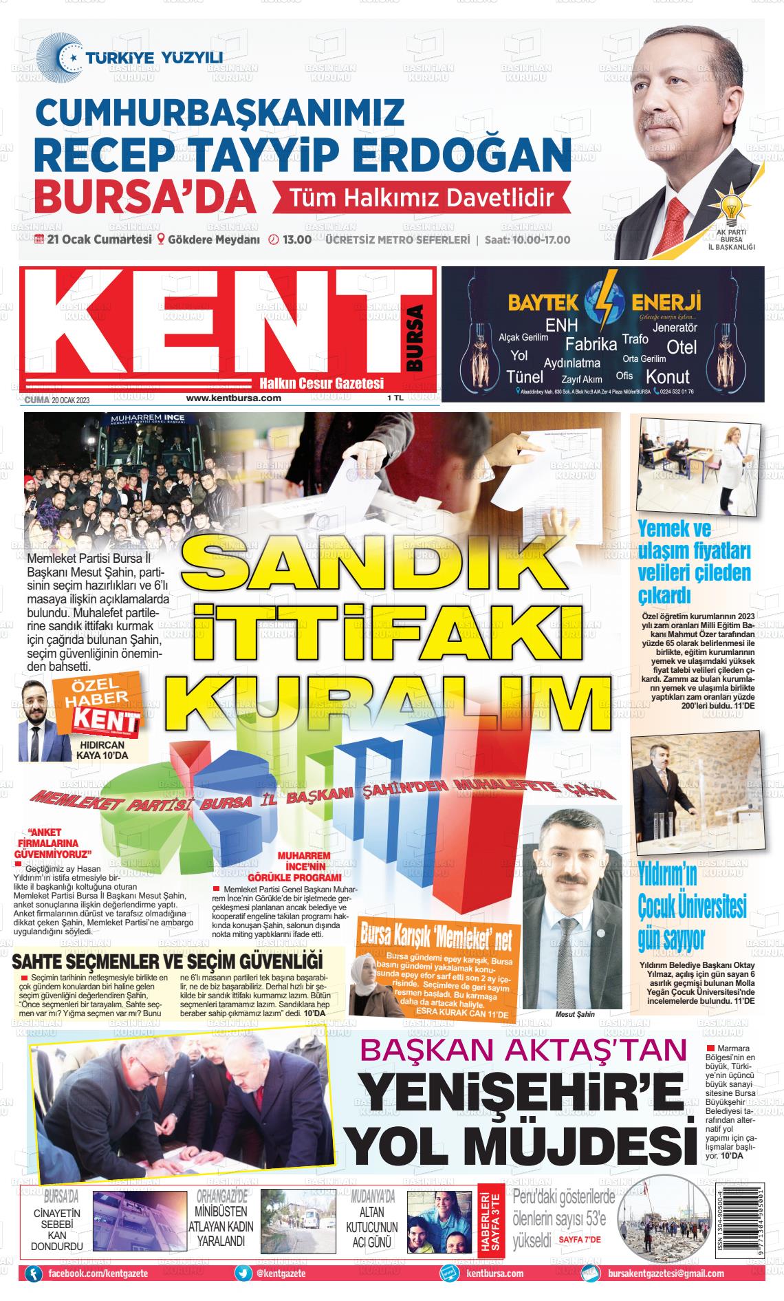 20 Ocak 2023 Kent Gazete Manşeti