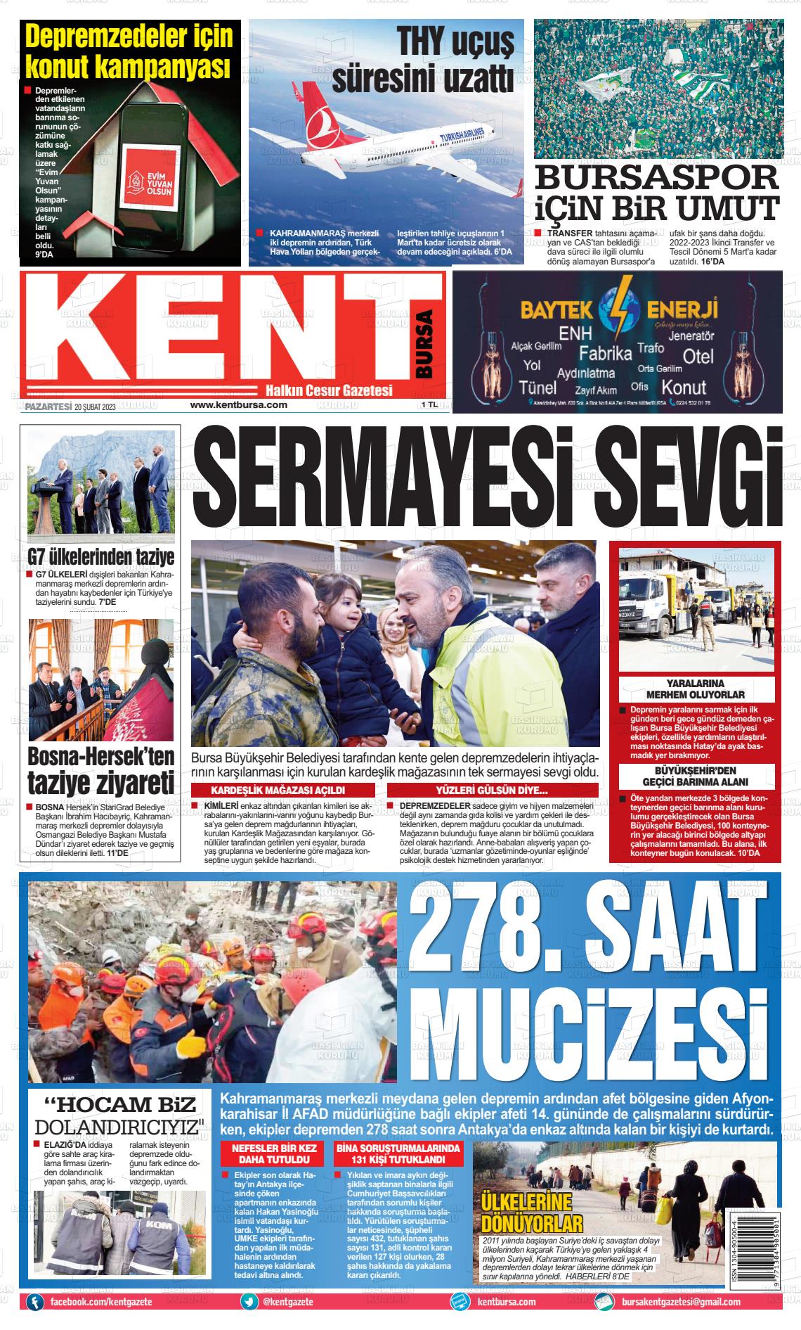 20 Şubat 2023 Kent Gazete Manşeti