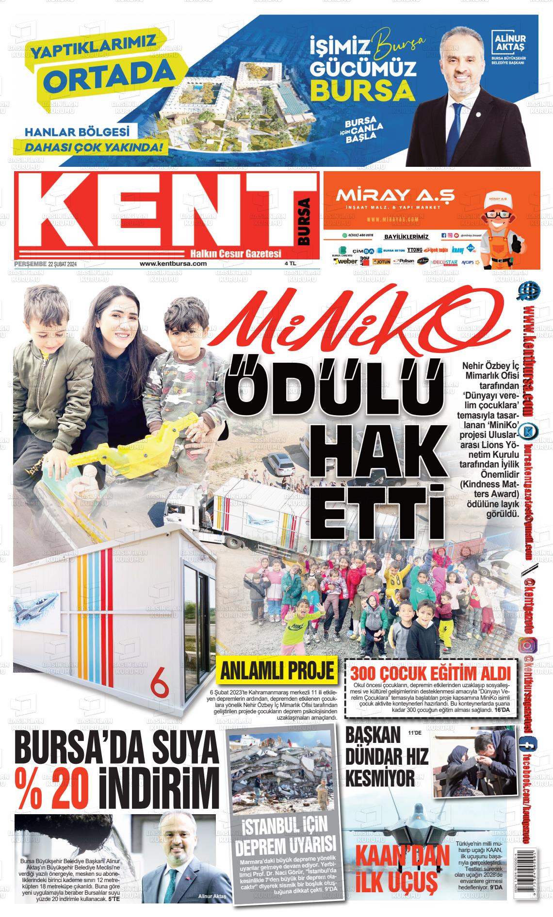 22 Şubat 2024 Kent Gazete Manşeti