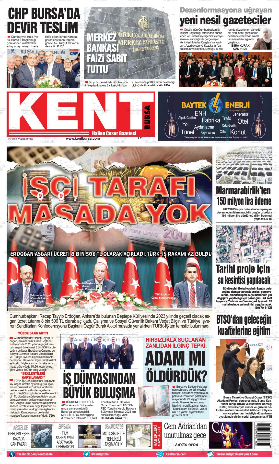 23 Aralık 2022 Kent Gazete Manşeti